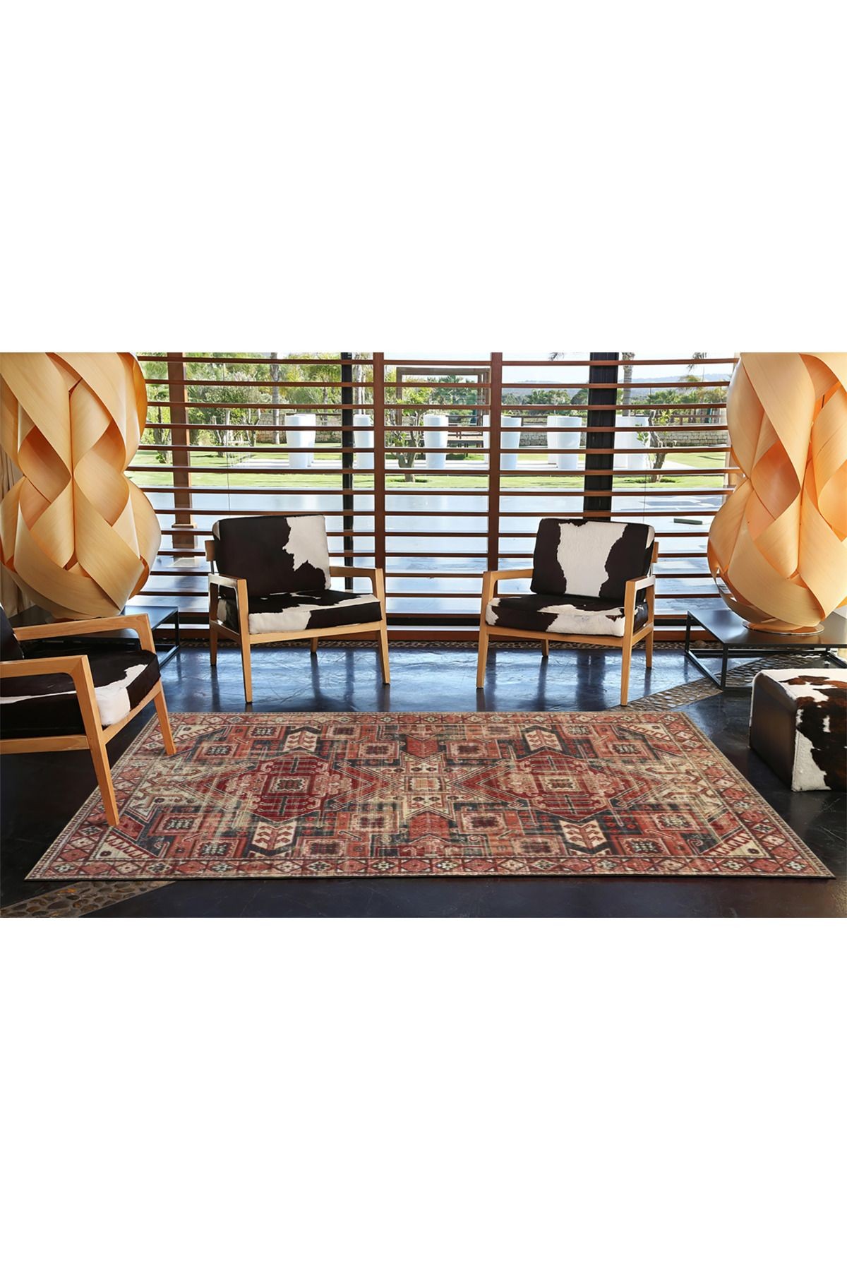 Kiremit Rengi Temalı Çok Renkli Geleneksel Motif Desenli Vintage Dekoratif Halı 3871