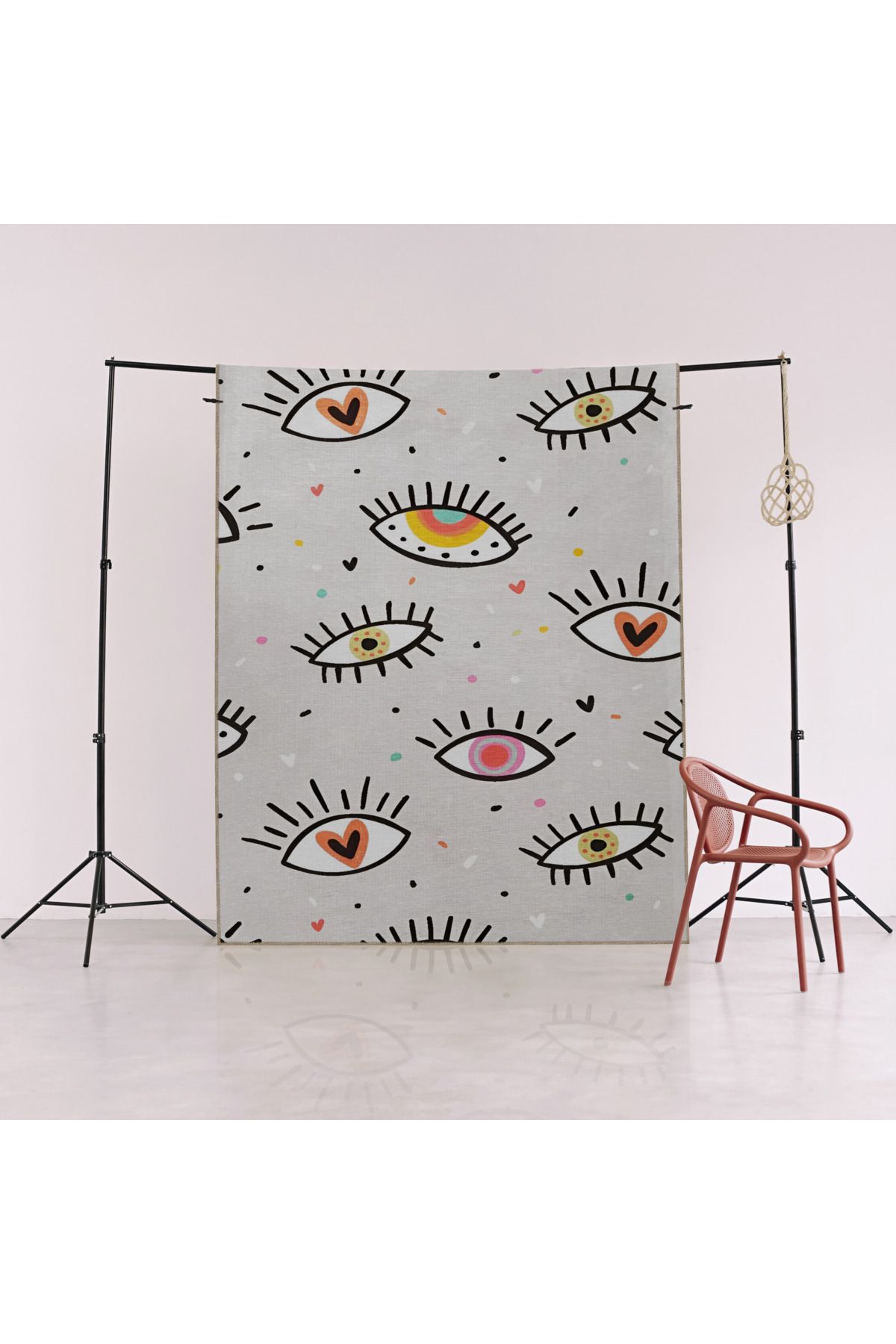 Gri Temalı Çok Renkli Etnik Göz ve Kalp Desenli Kreatif Modern Dekoratif Halı 2300