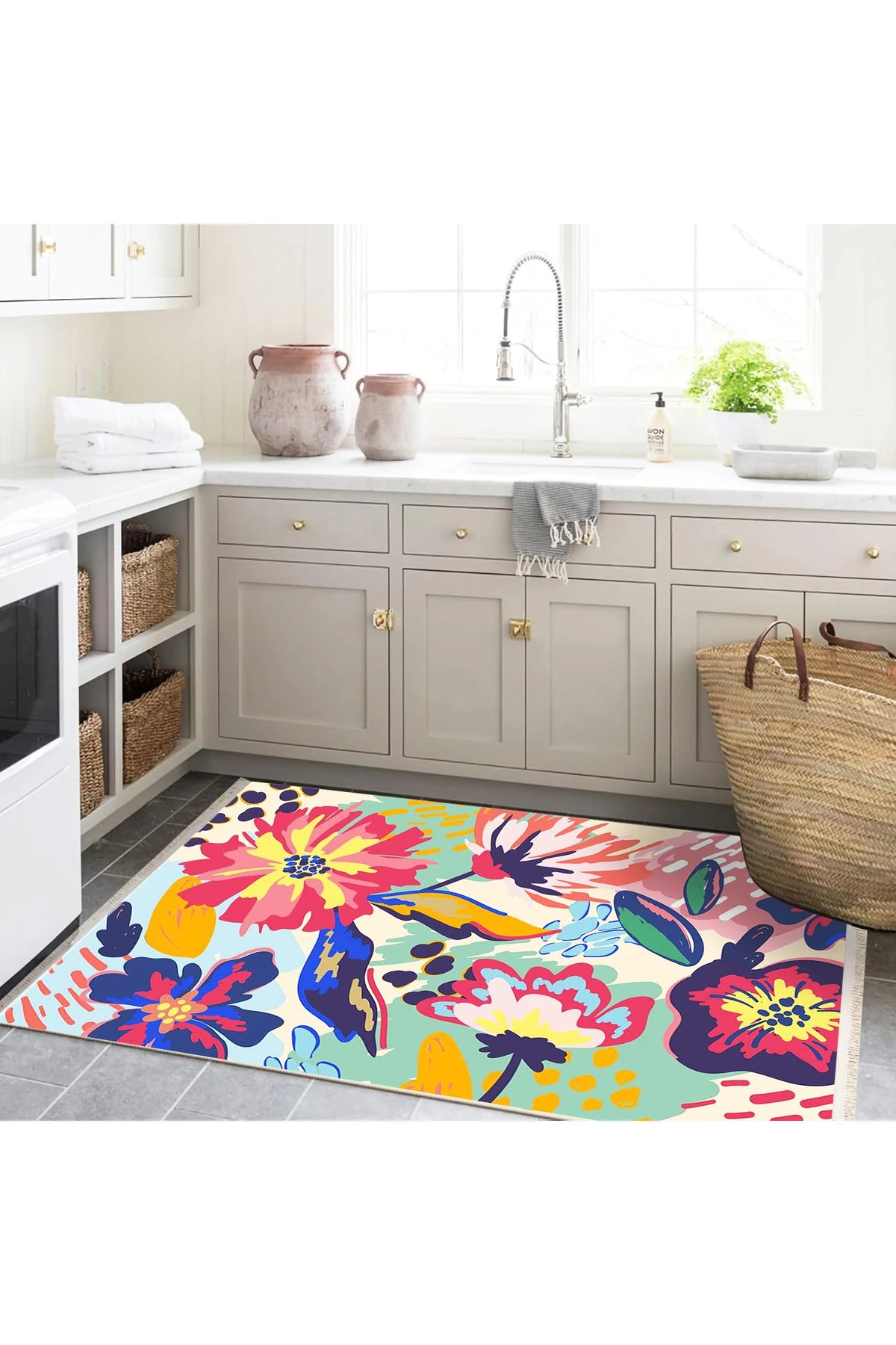 Özge Koleksiyonu Çok Renkli Çiçekler Desenli Dokuma Taban Modern Dekoratif Halı özge47