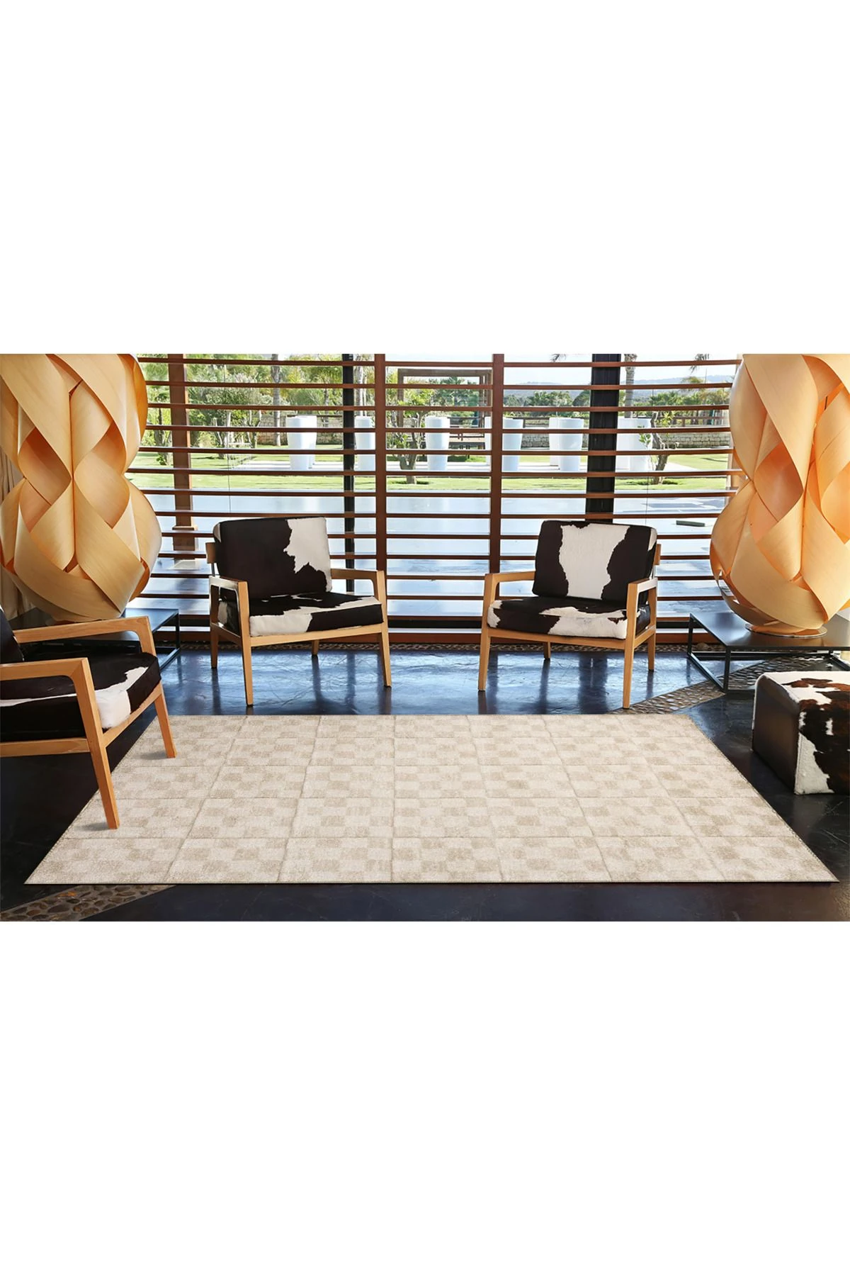 Küplü Kareli Krem Dokuma Taban Yıkanabilir Halı miravip9099