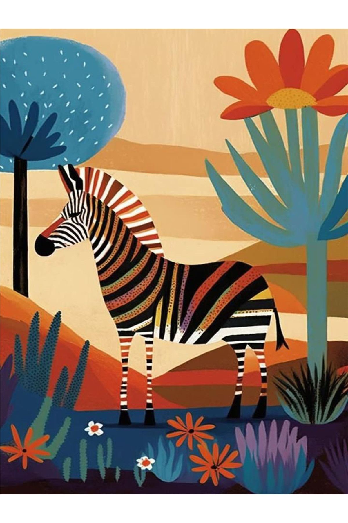 Kemal Koleksiyonu Madagaskar Temalı Zebra ve Ağaç Desenli Dokuma Taban Modern Dekoratif Halı 25