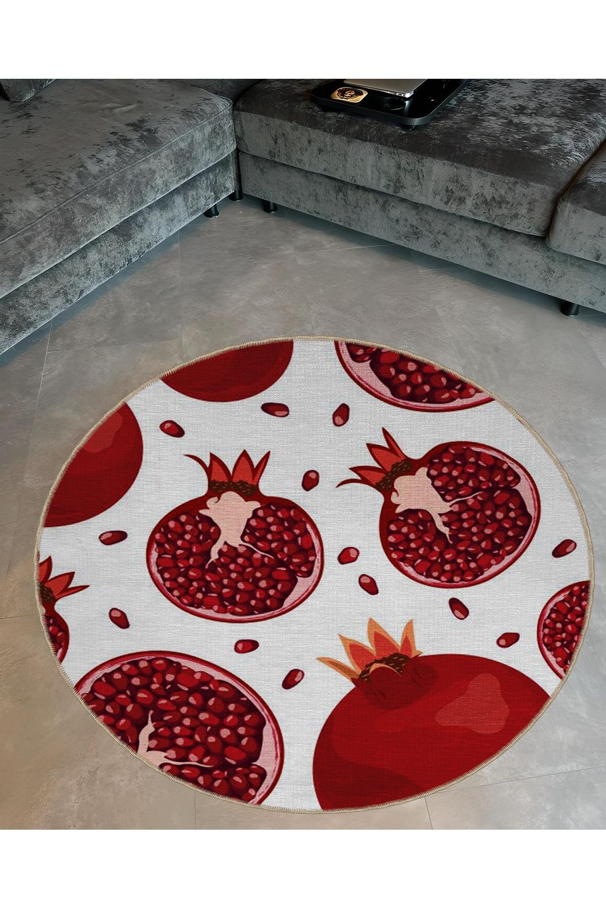Kırmızı Temalı Nar Desenli Yuvarlak Dokuma Taban Modern Dekoratif Halı 6032