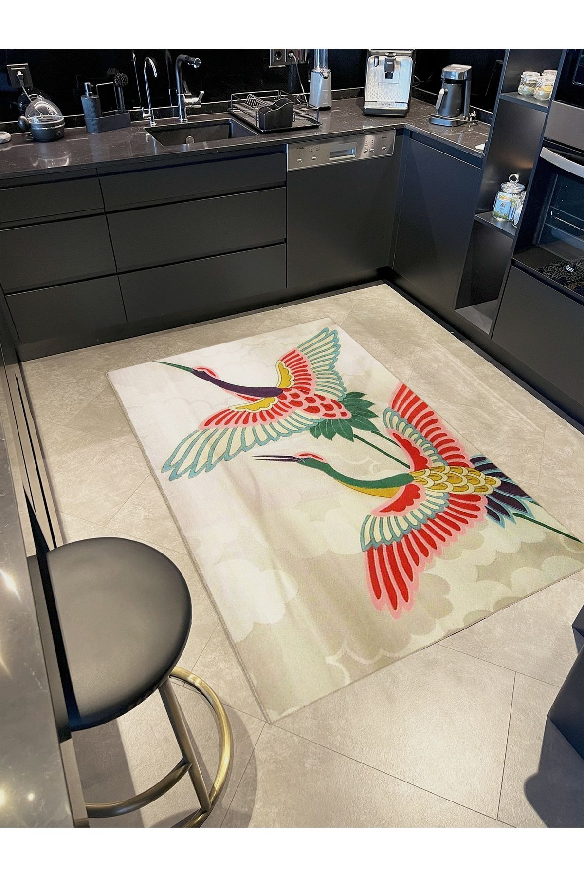Seda Koleksiyonu Bulutlar ve Çok Renkli Kuşlar Desenli Dokuma Taban Modern Dekoratif Halı seda37