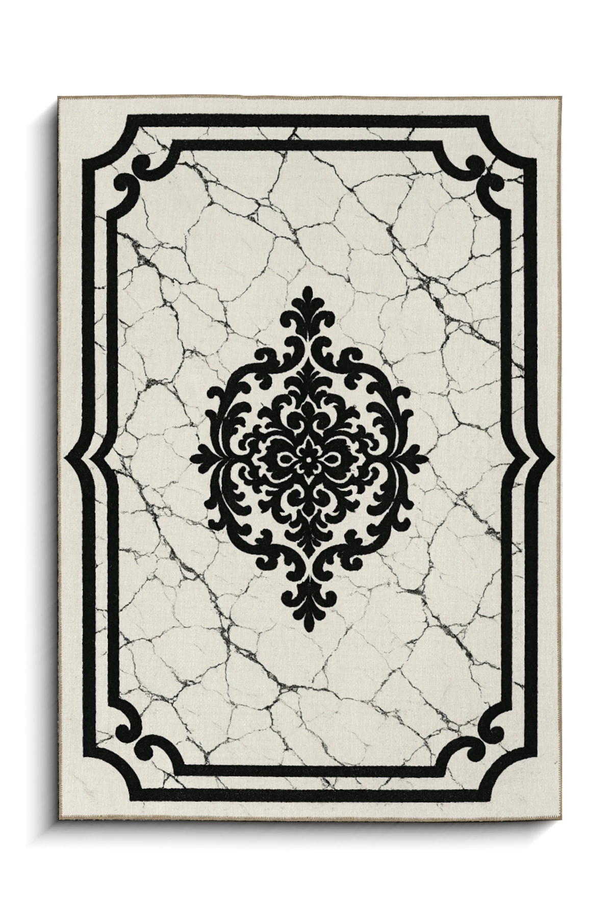 MOSSO Siyah Krem Tema Geleneksel Motif ve Mermer Desenli Dokuma Taban Modern Dekoratif Halı mosso325