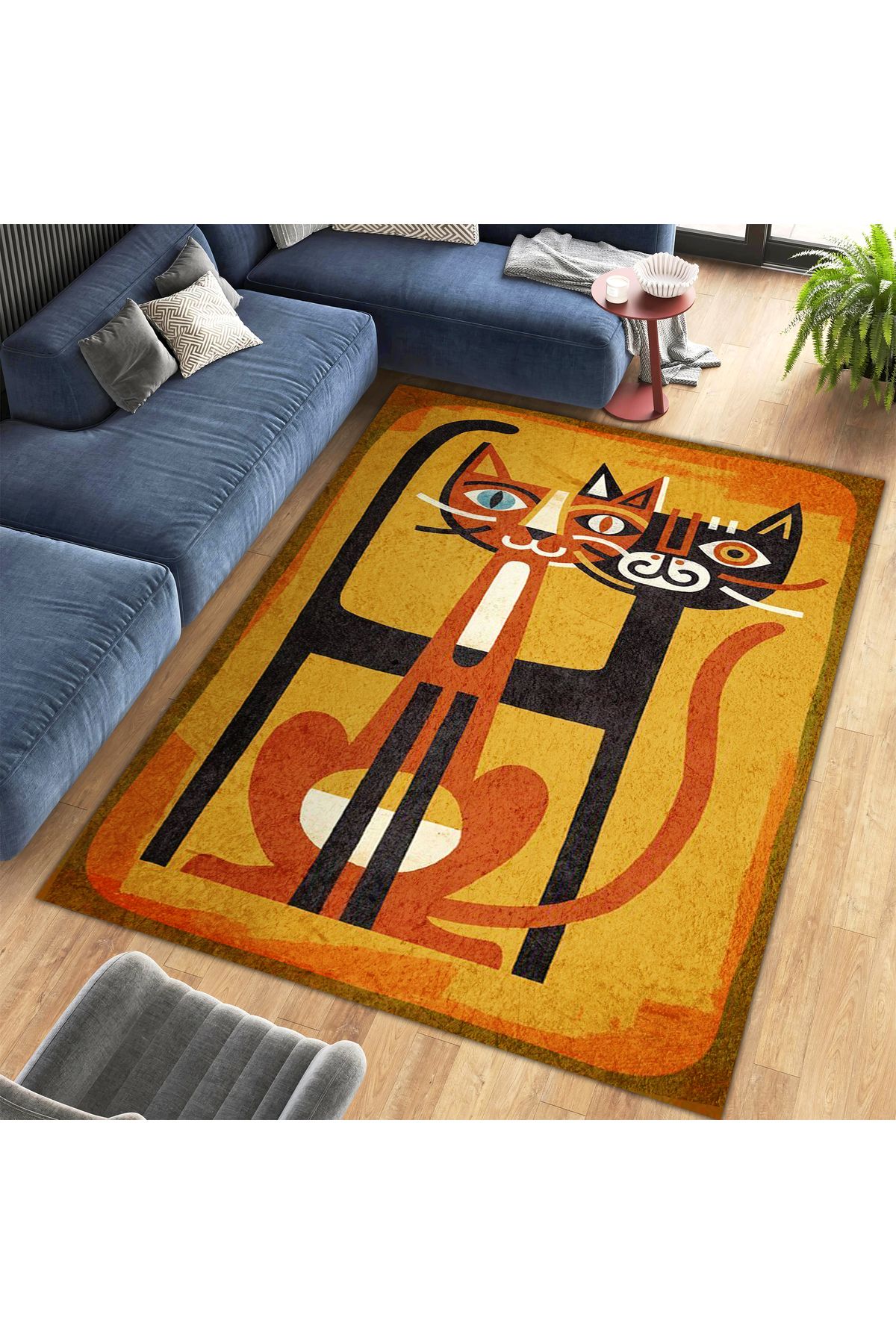 Kuzey Koleksiyonu Turuncu Tonlarda İki Kedi Desenli Dokuma Taban Modern Dekoratif Halı kuzey21
