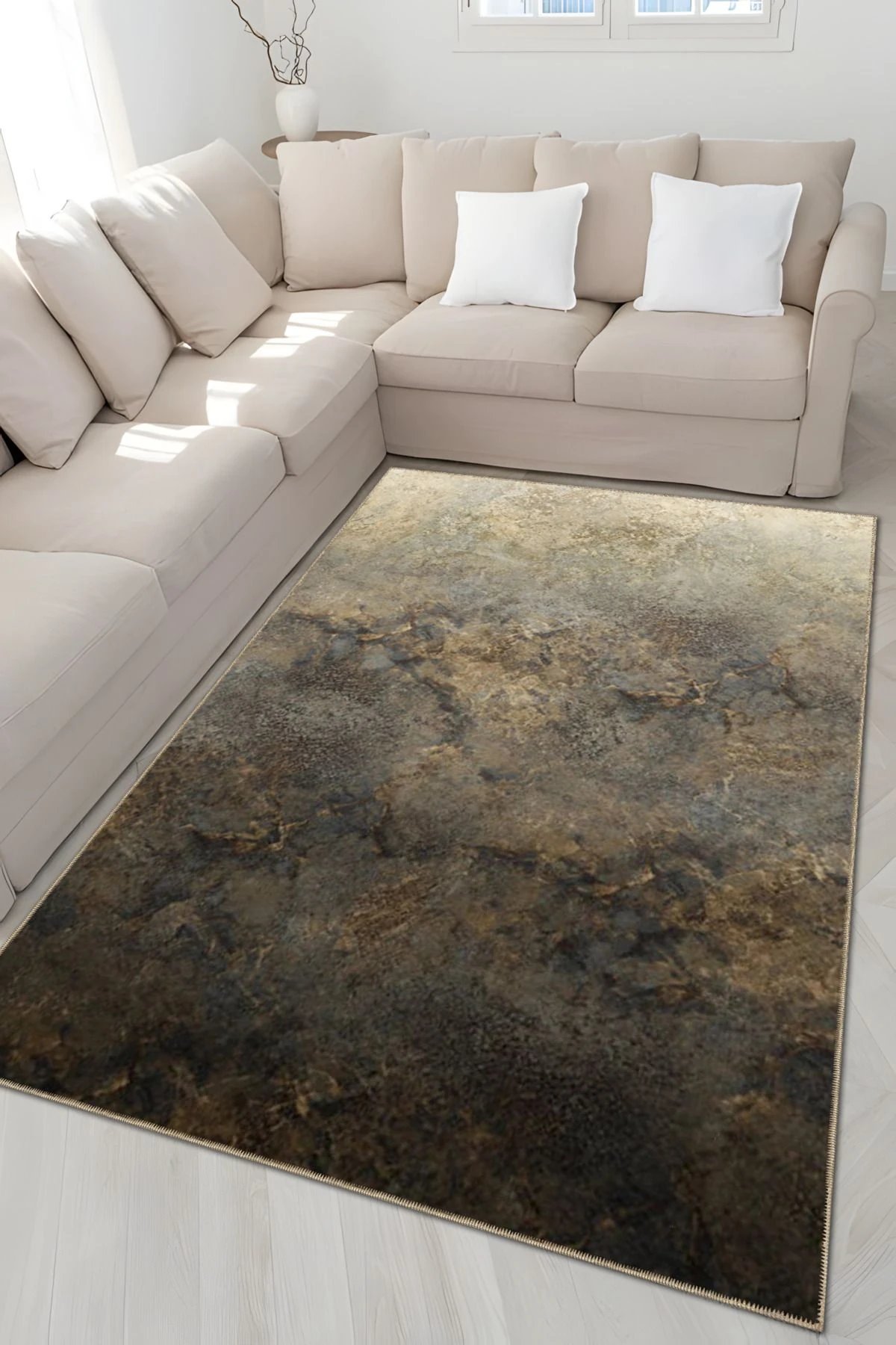 Kahverengi Gri Ton Soyut Abstract Desenli Modern Dekoratif Halı 4924