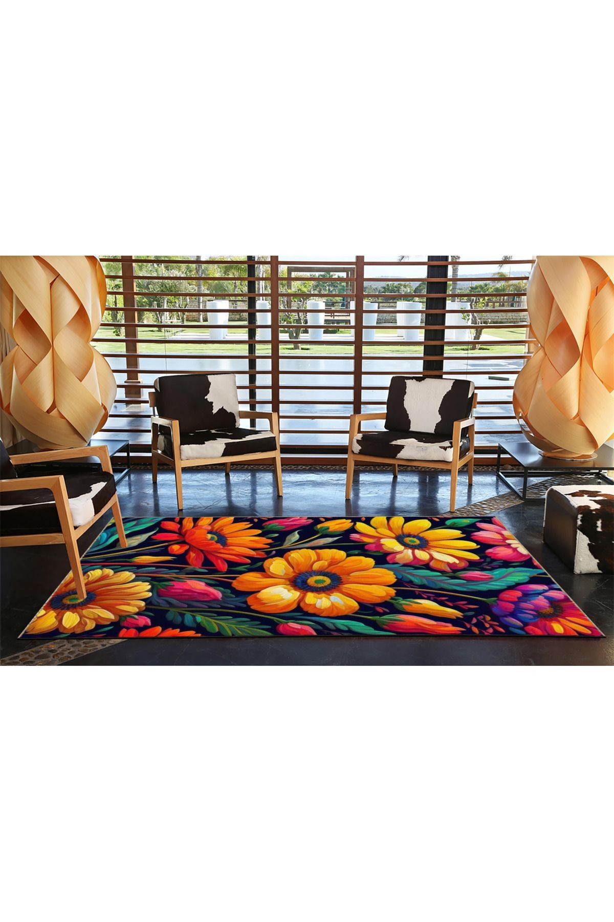 Floral Temalı Çok Renkli Yaprak ve Çiçek Papatya Desenli Modern Dekoratif Halı 4736