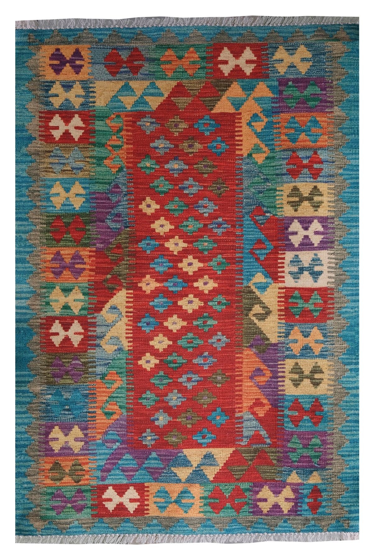 Desenli Yeşil Pamuklu Çok Renkli Otantik Ve Etnik Kilim 507