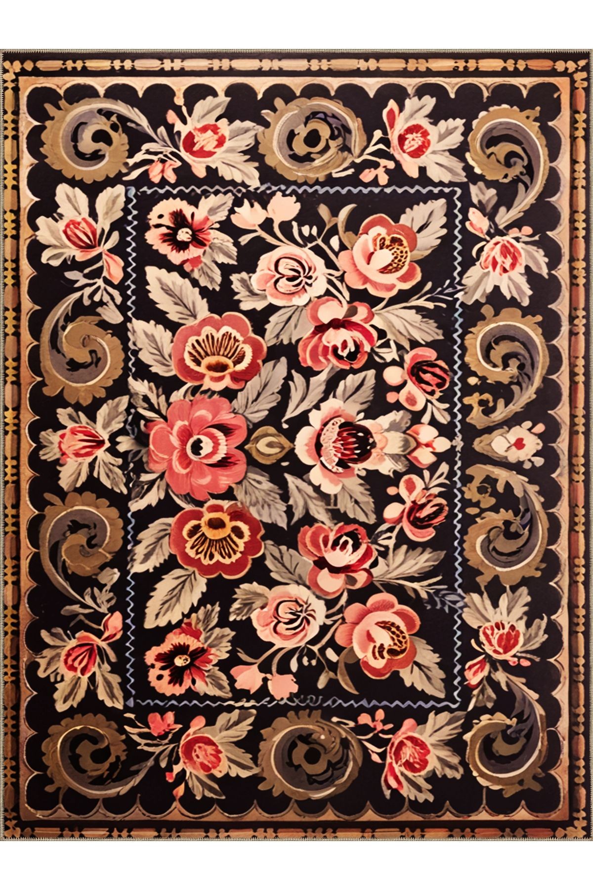 Royal Karma Çiçek Motifleri Desenli Püskül Detaylı Dokuma Taban Dekoratif Halı royal33