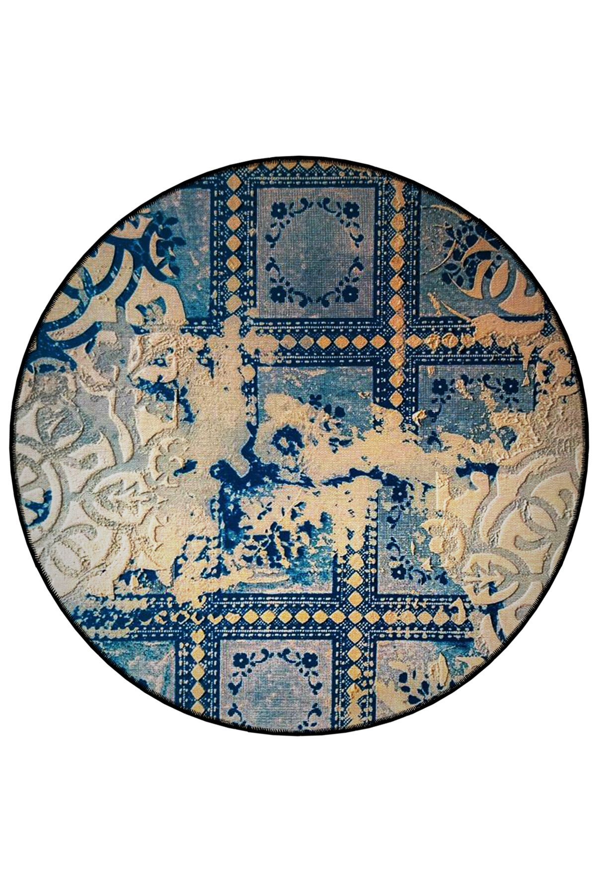 Mira Yuvarlak Mavi Etnik Bej Detaylı  Dokuma Taban Modern Dekoratif Halı 5701