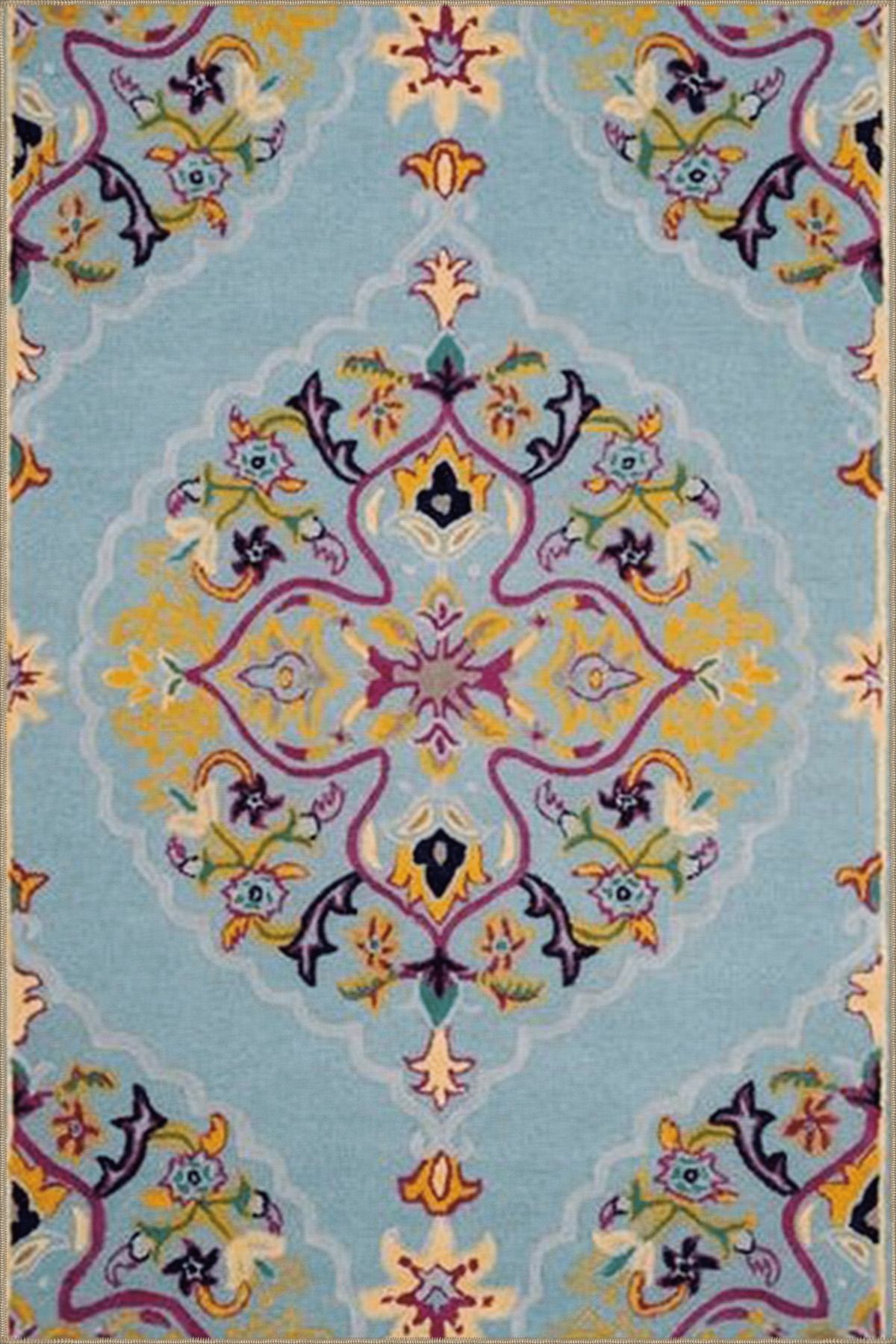 Açık Mavi Sarı Temalı Geleneksel Motif Çiçek Desenli Vintage Dekoratif Halı 4705