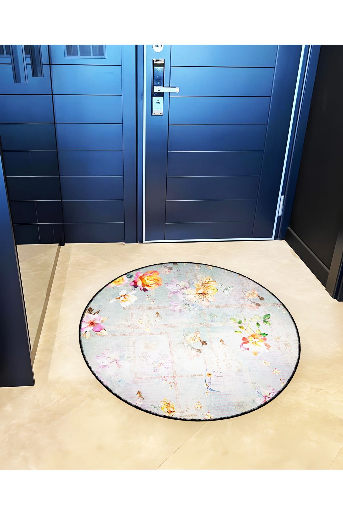 Gri Temalı Çiçekli Desenli Yuvarlak Dokuma Taban Vintage Dekoratif Halı 6195