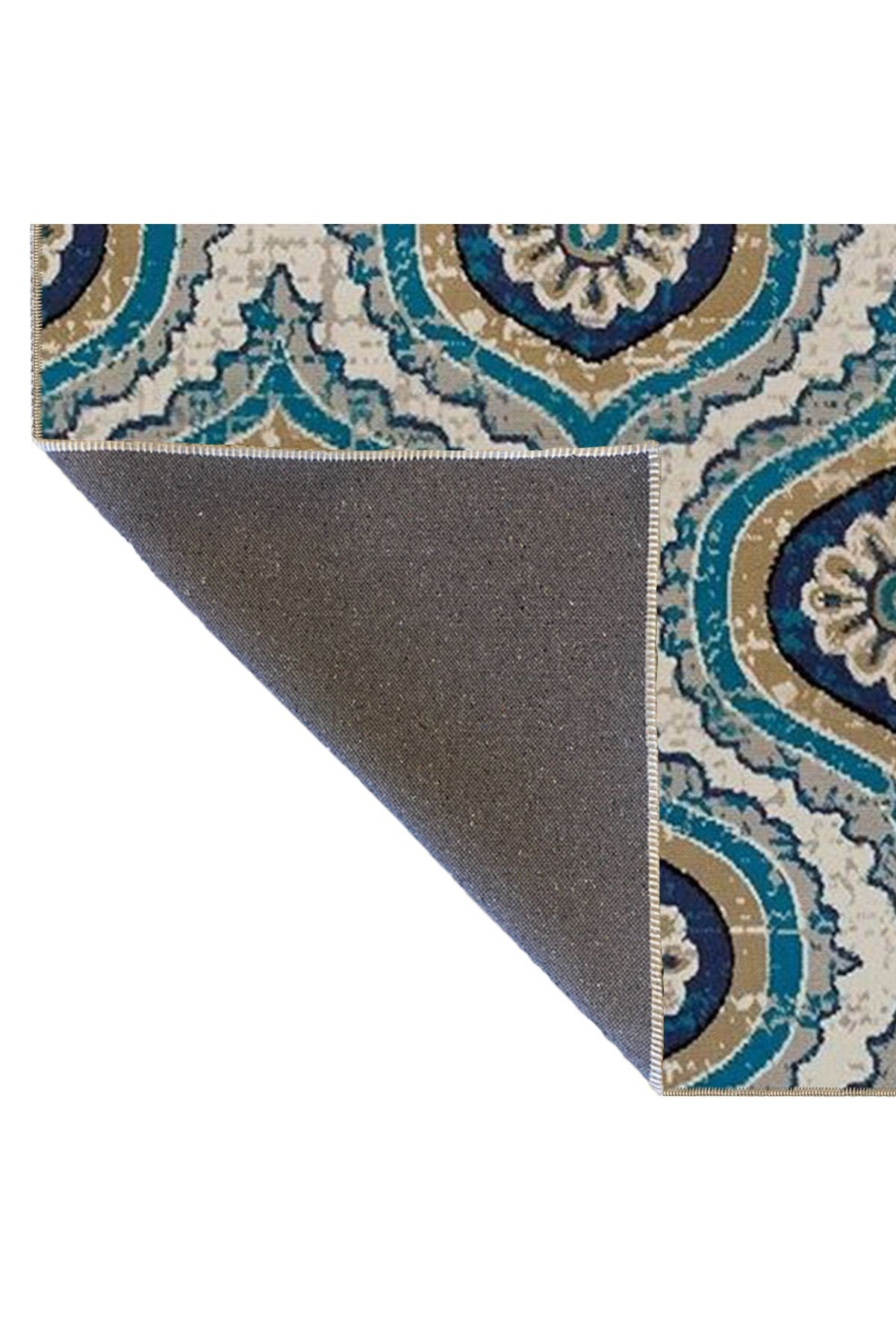Bej Mavi Temalı Suzani Motifli Etnik Desenli Vintage Dekoratif Halı 4726