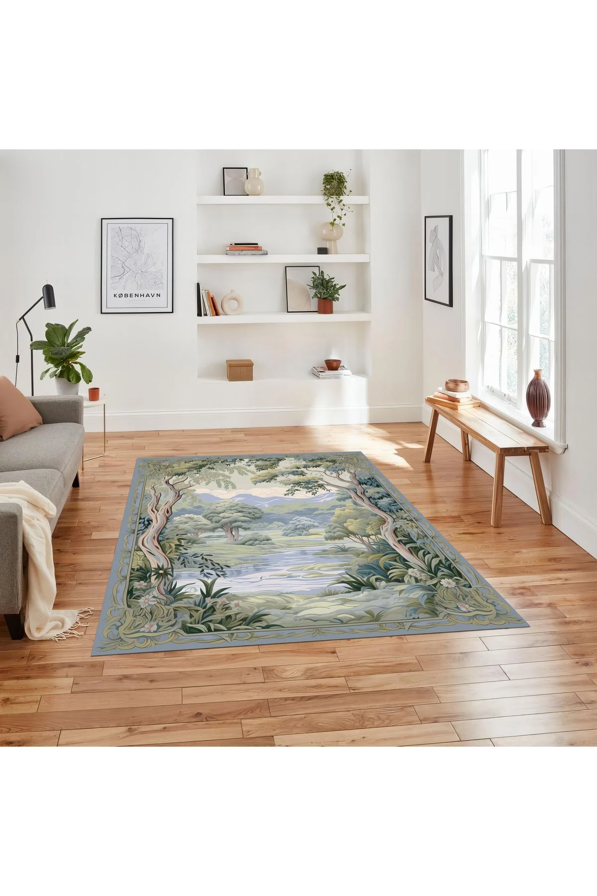 Paris Koleksiyonu Mavi Yeşil Tonlarda Doğa Desenli Modern Dekoratif Halı paris10