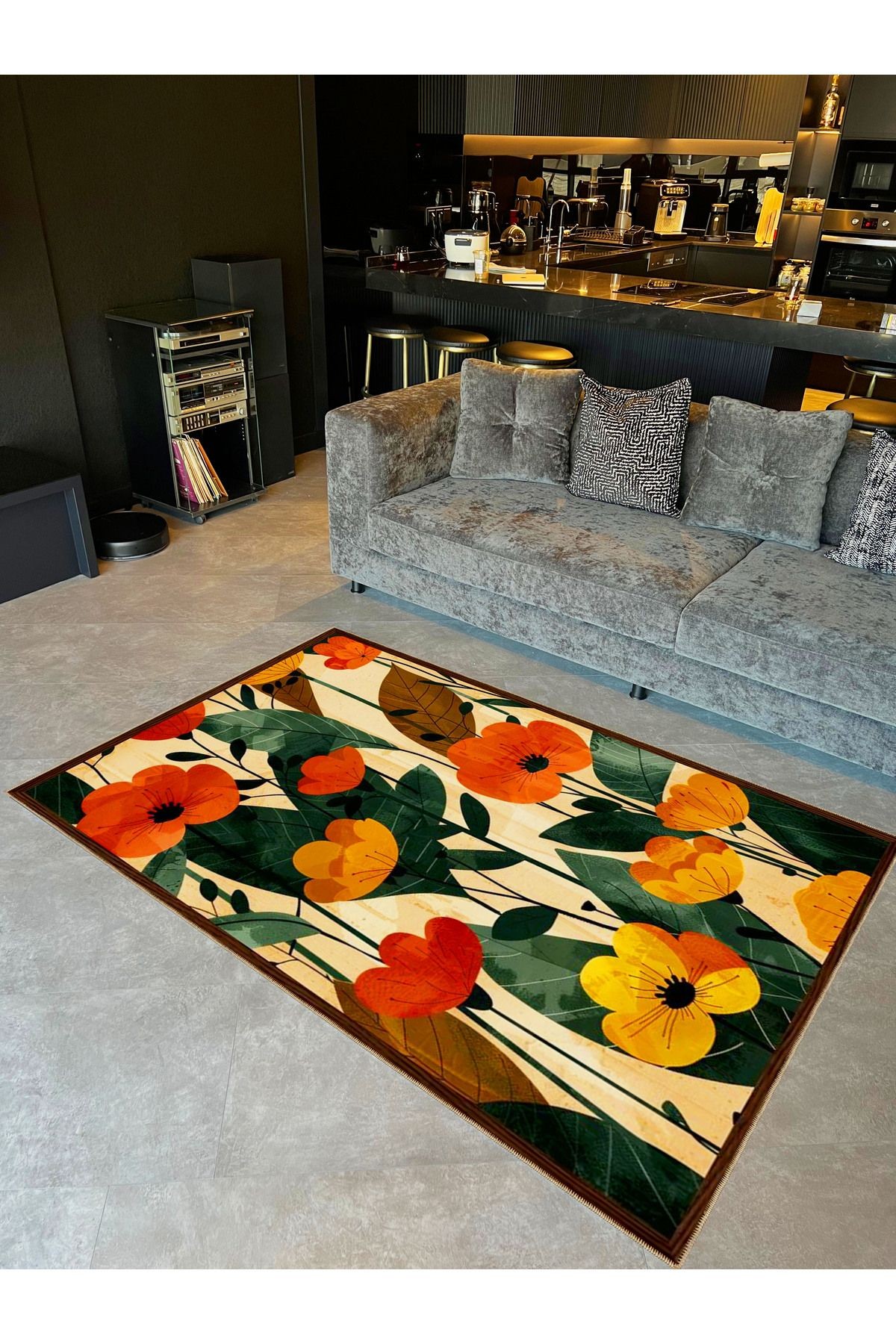 Emre Koleksiyonu Çok Renkli Floral Çiçekler Desenli Dokuma Taban Modern Dekoratif Halı 37