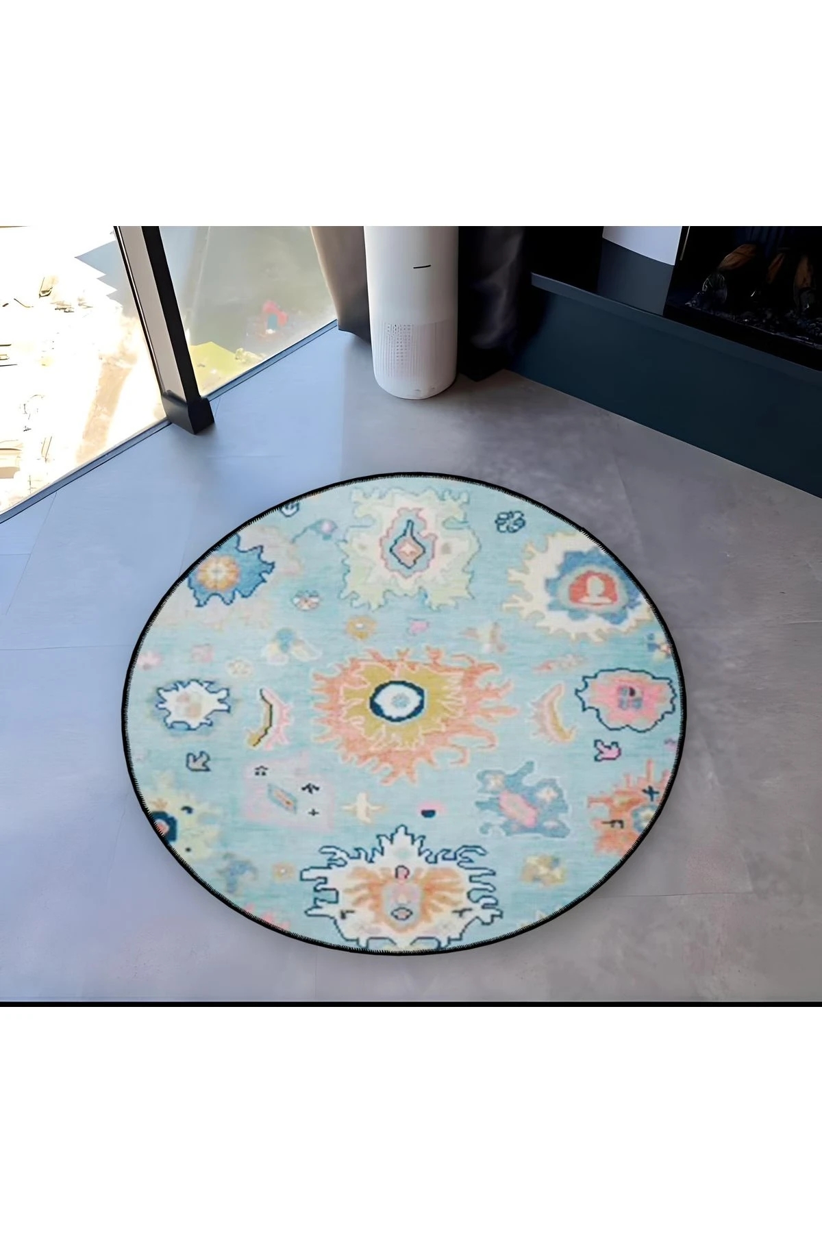 Mavi Tema Etnik Motif Desenli Yuvarlak Dokuma Taban Vintage Dekoratif Halı 6123