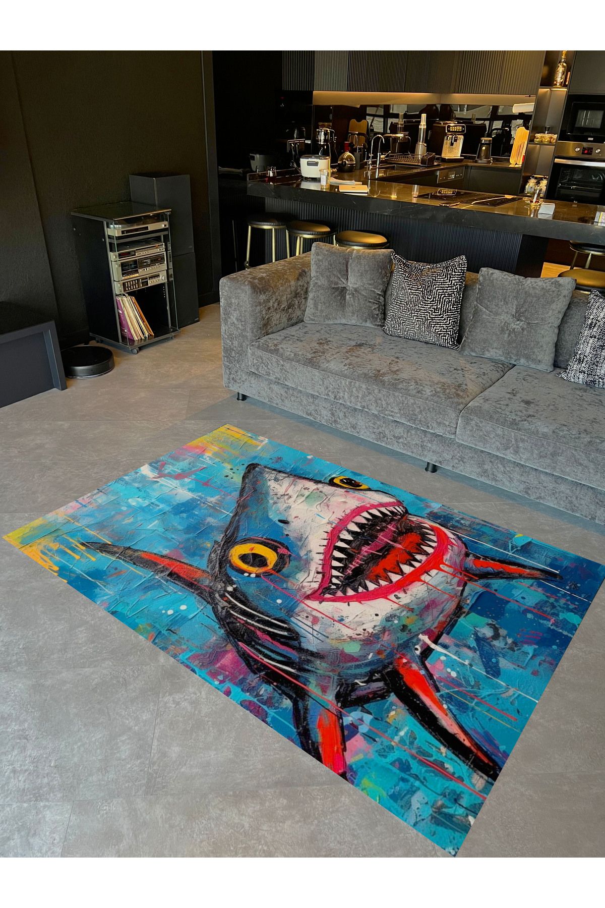 Kemal Koleksiyonu Mavi Temalı Köpekbalığı Desenli Dokuma Taban Modern Dekoratif Halı 48