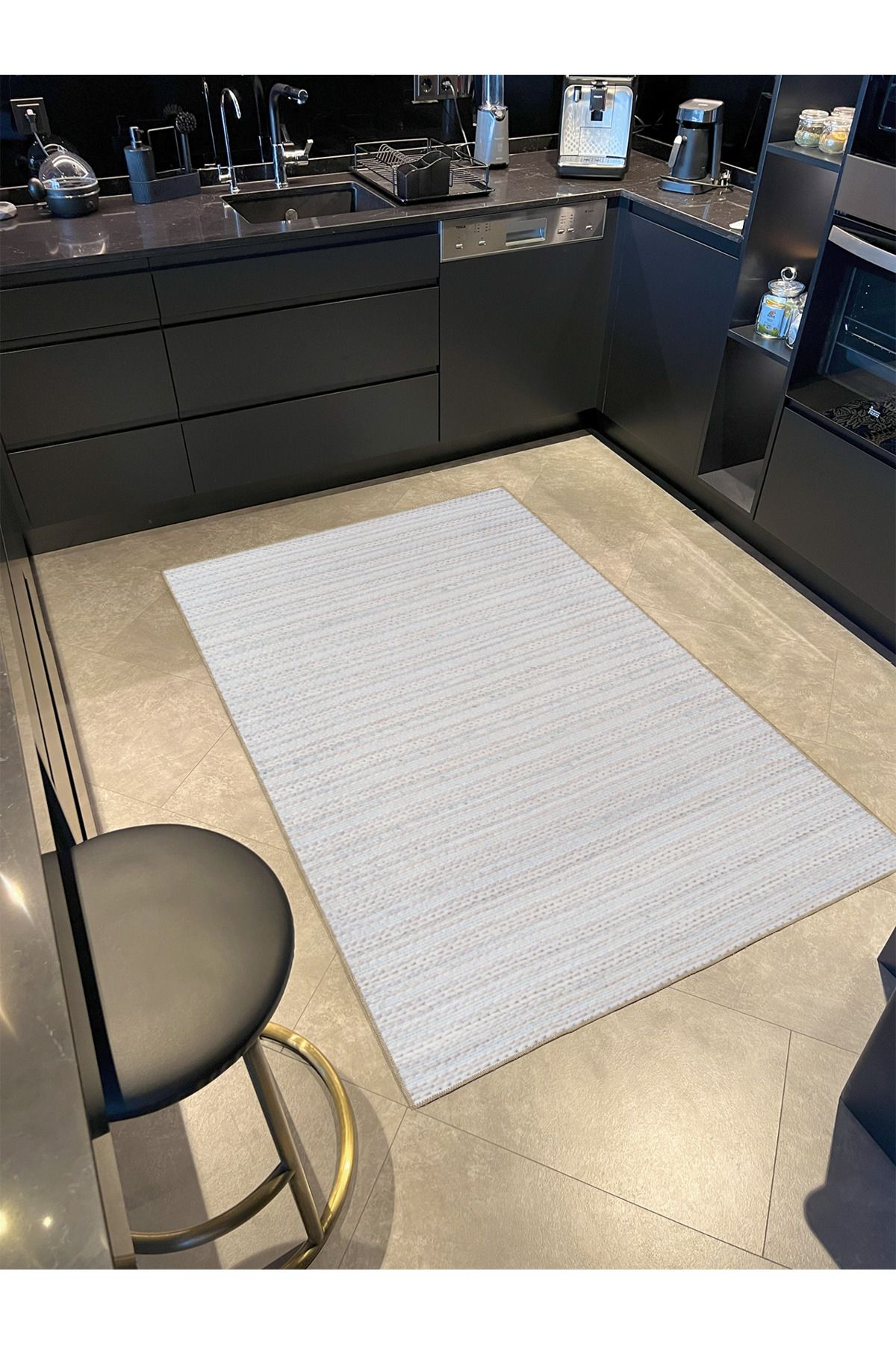 Krem Gri Geometrik Noktalı Çizgili Dekoratif Halı ve Yıkanabilir Halı miravip9622