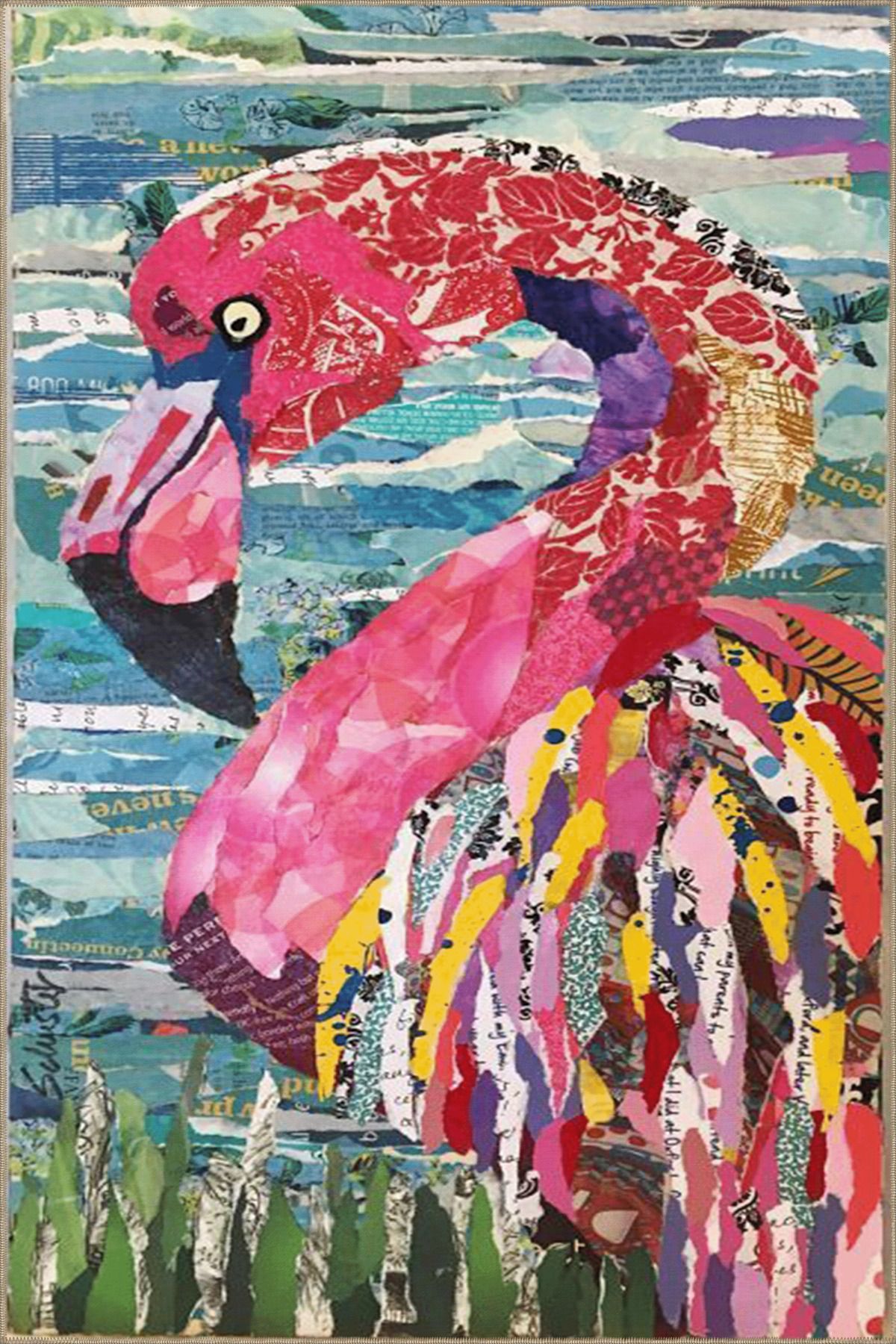 Pembe Mavi Temalı Deniz ve Flamingo Desenli Kreatif Modern Dekoratif Halı 3581
