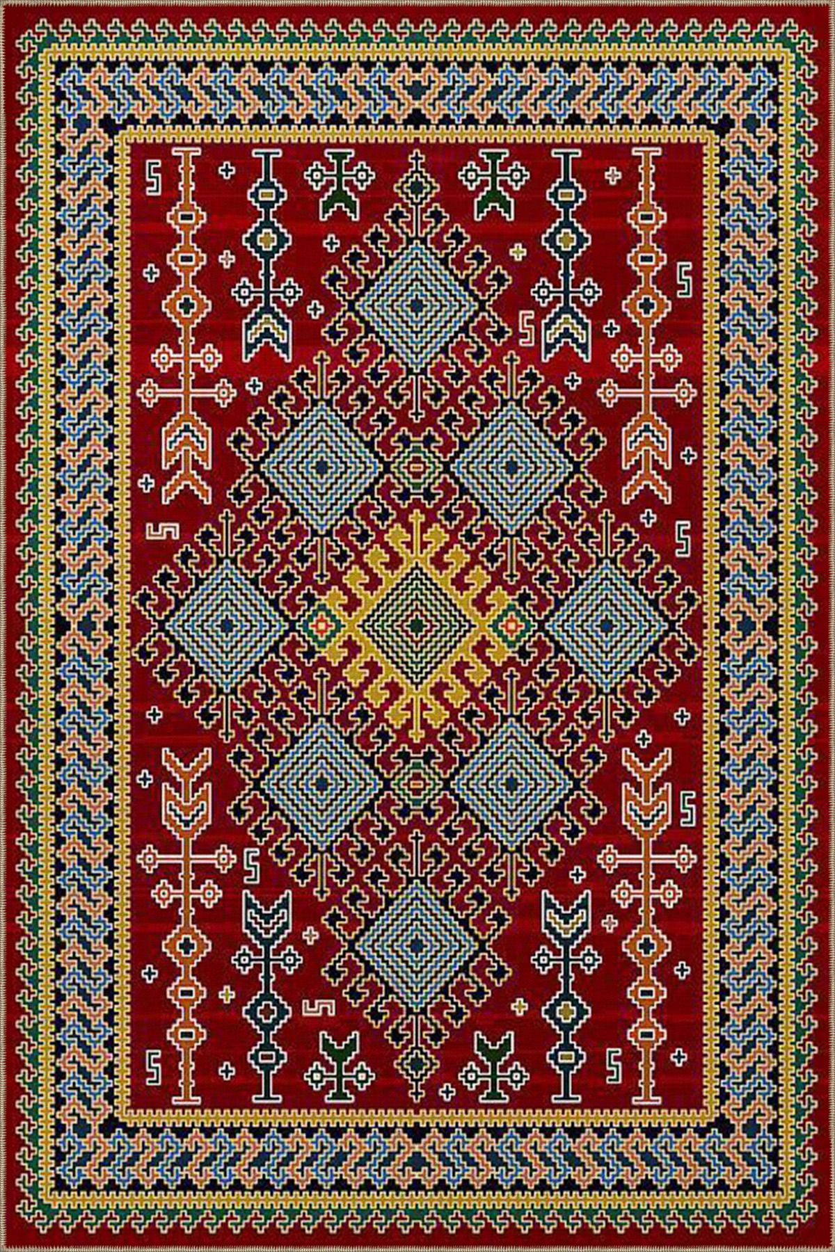 Etnik Dörtgen Desen Kırmızı Renklerde Dokuma Taban Halı 4276