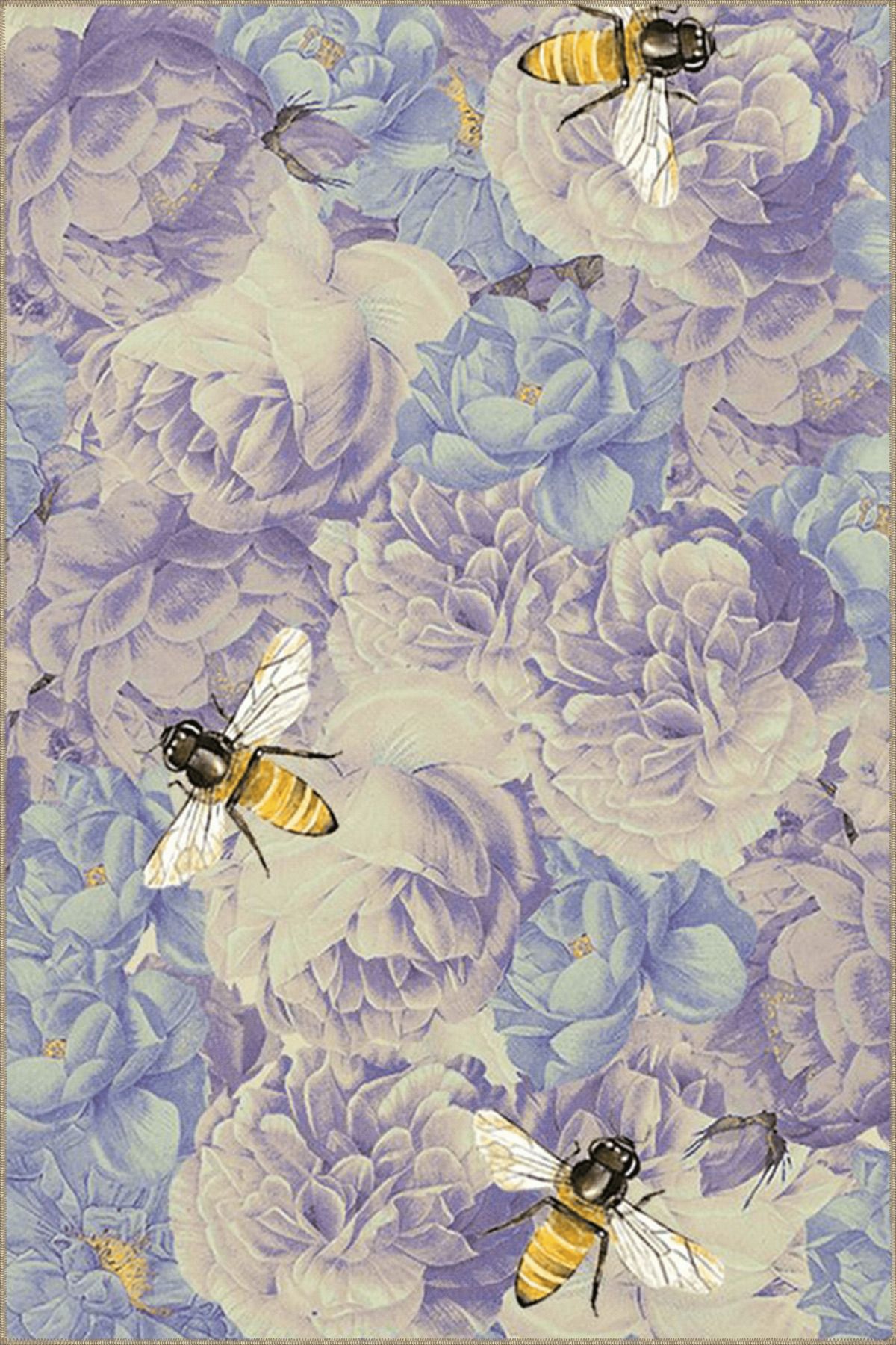 Mor ve Mavi Tonlar Floral Temalı Arı ve Çiçek Desenli Modern Dekoratif Halı 4938