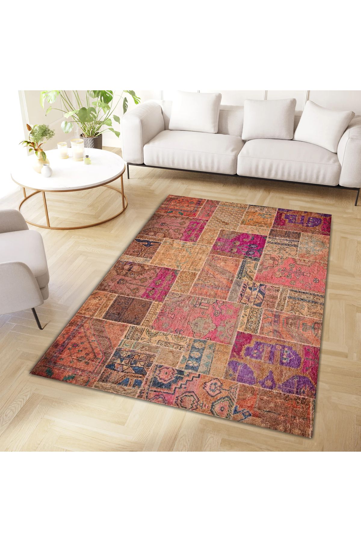 Cansu Koleksiyonu Patchwork Görünümlü Pembe Turuncu Tonlarda Dokuma Taban Dekoratif Halı cansu06