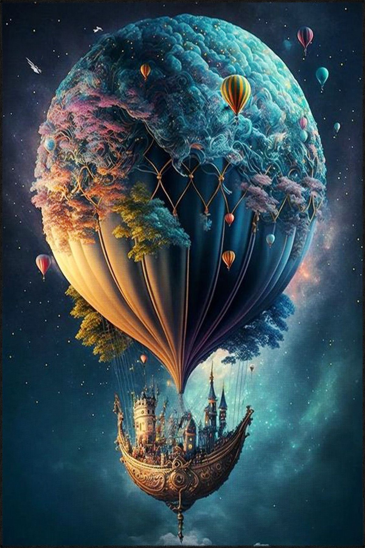 Gece Temalı Uçan Balon Renkli Dekoratif Yıkanabilir Halı miravip8654