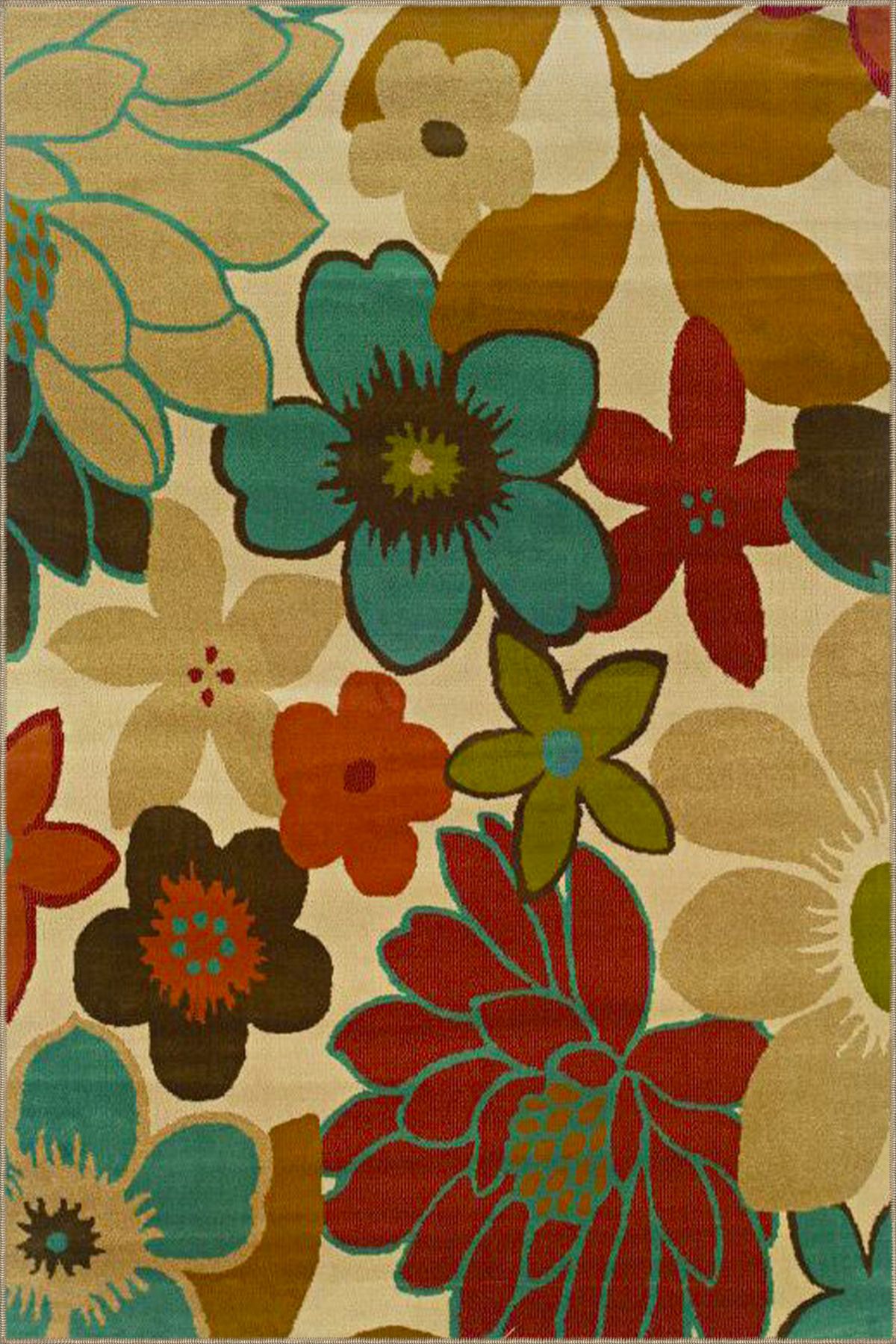 Krem Temalı FLORAL Dokuma Taban Halı ve Yıkanabilir Halı miravip9853