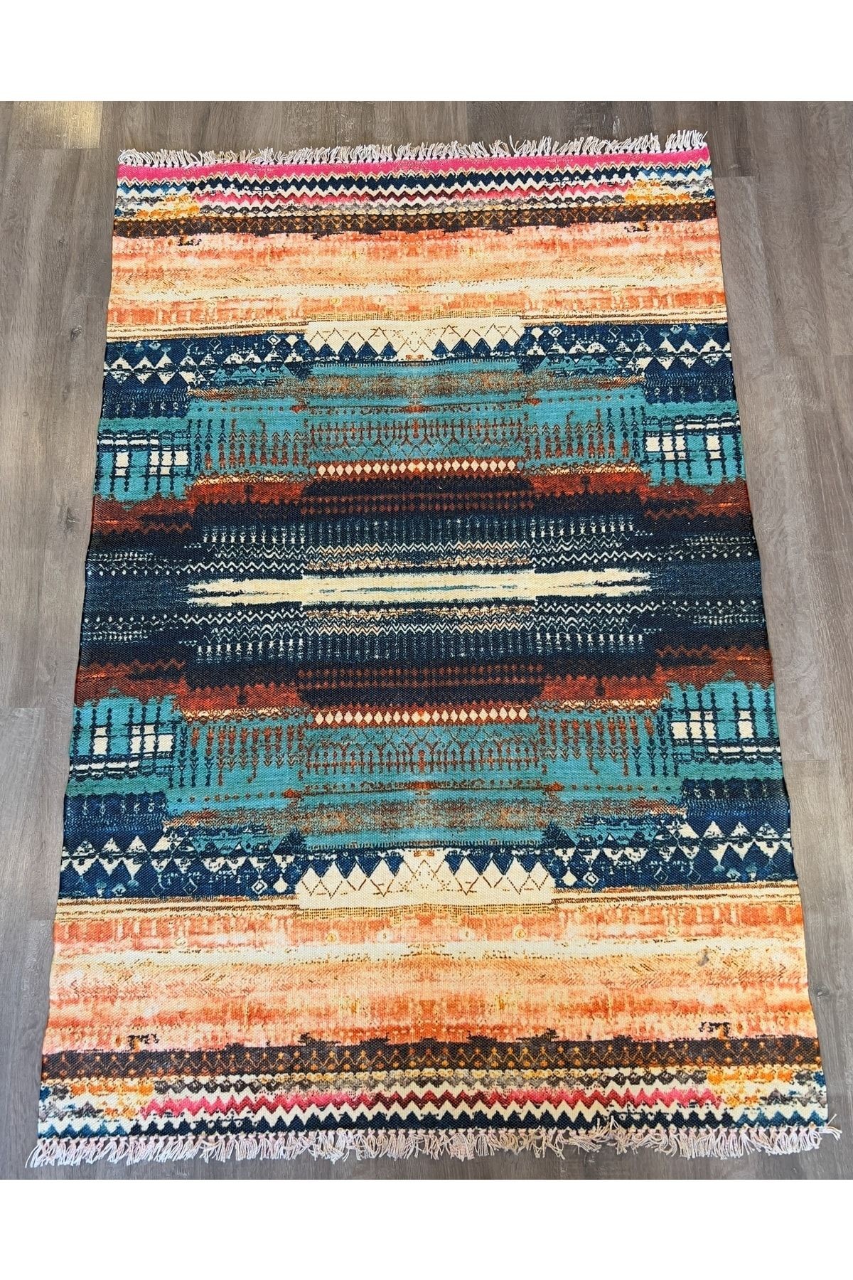 Cotton 550 Turkuaz Turuncu Desenli Çift Taraflı Çok Renkli Kilim