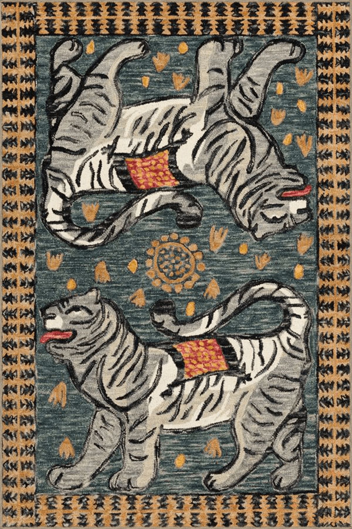 Gri Bej Temalı Kaplan Kaplan Desenli Kreatif Modern Dekoratif Halı 3591