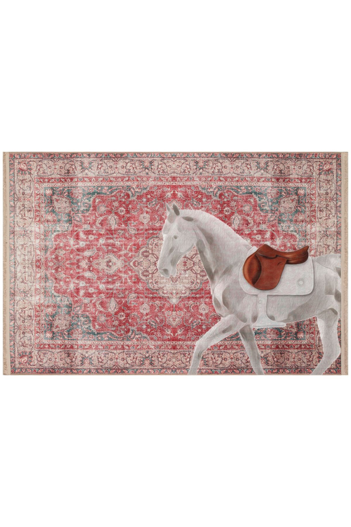 Vintage Kırmızı Eskitme Desen Gri At Temalı Dekoratif Halı 1705