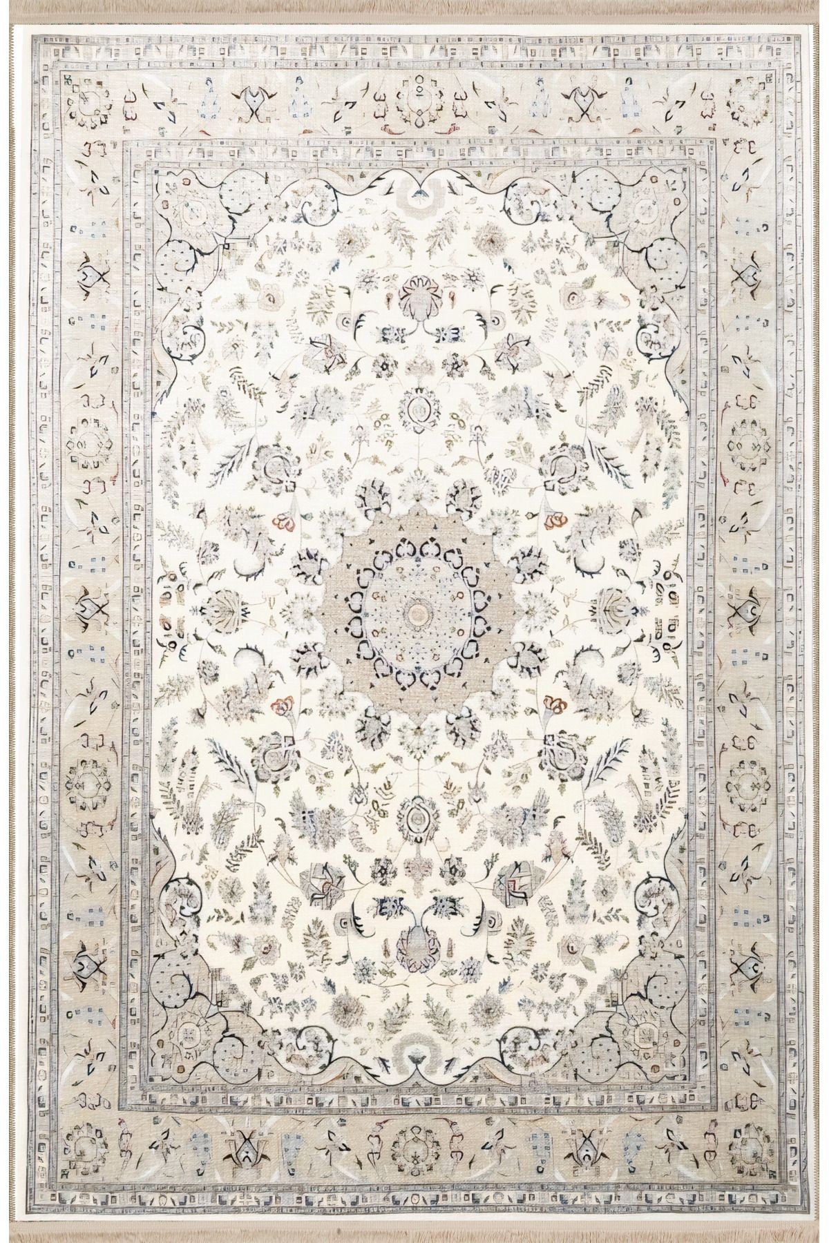 Bej Pudra Temalı Geleneksel Motif Etnik Desenli Kreatif Vintage Dekoratif Halı 2400