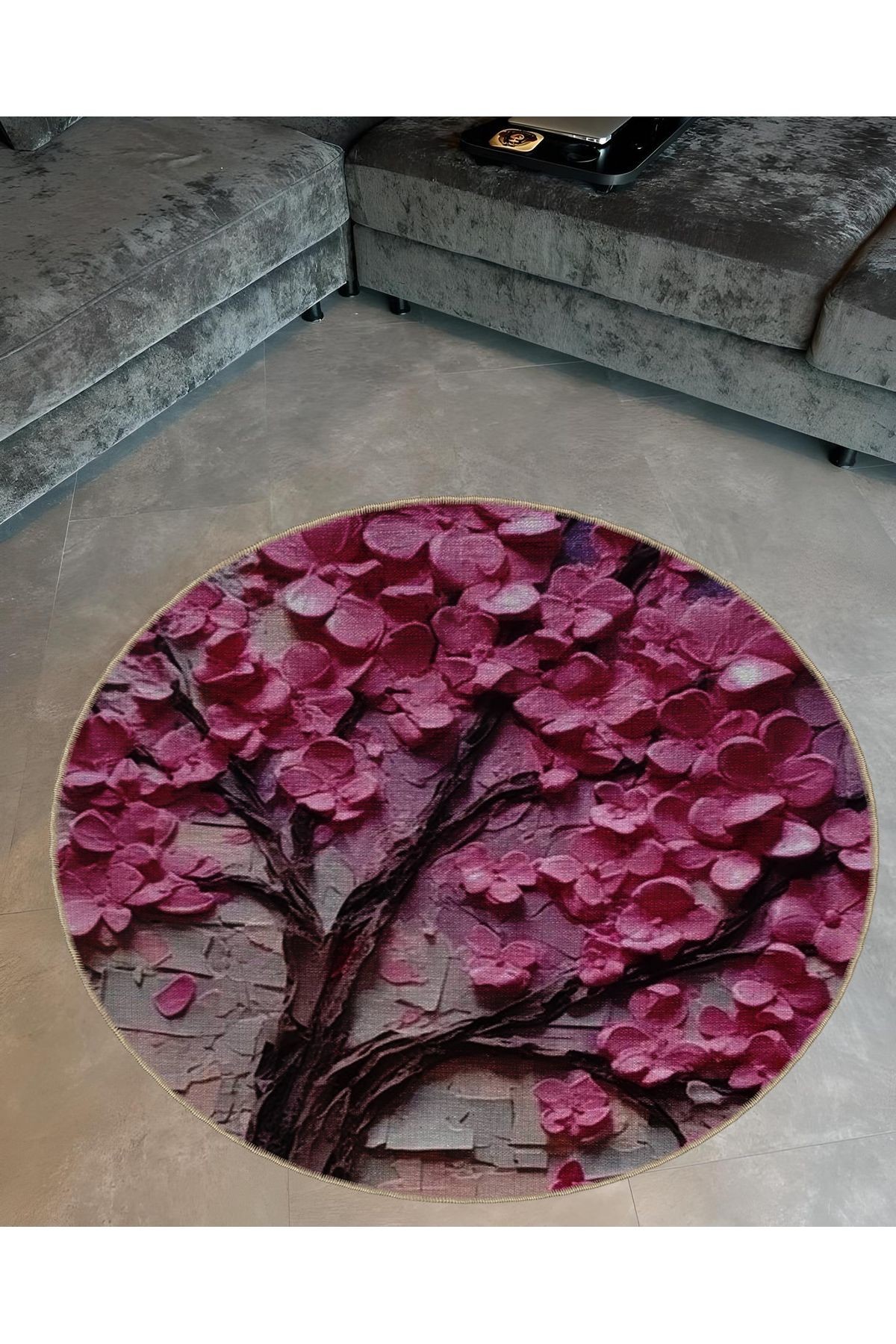 Pastel Tema Soyut Pembe Ağaç Desenli Yuvarlak Dokuma Taban Modern Dekoratif Halı 6053