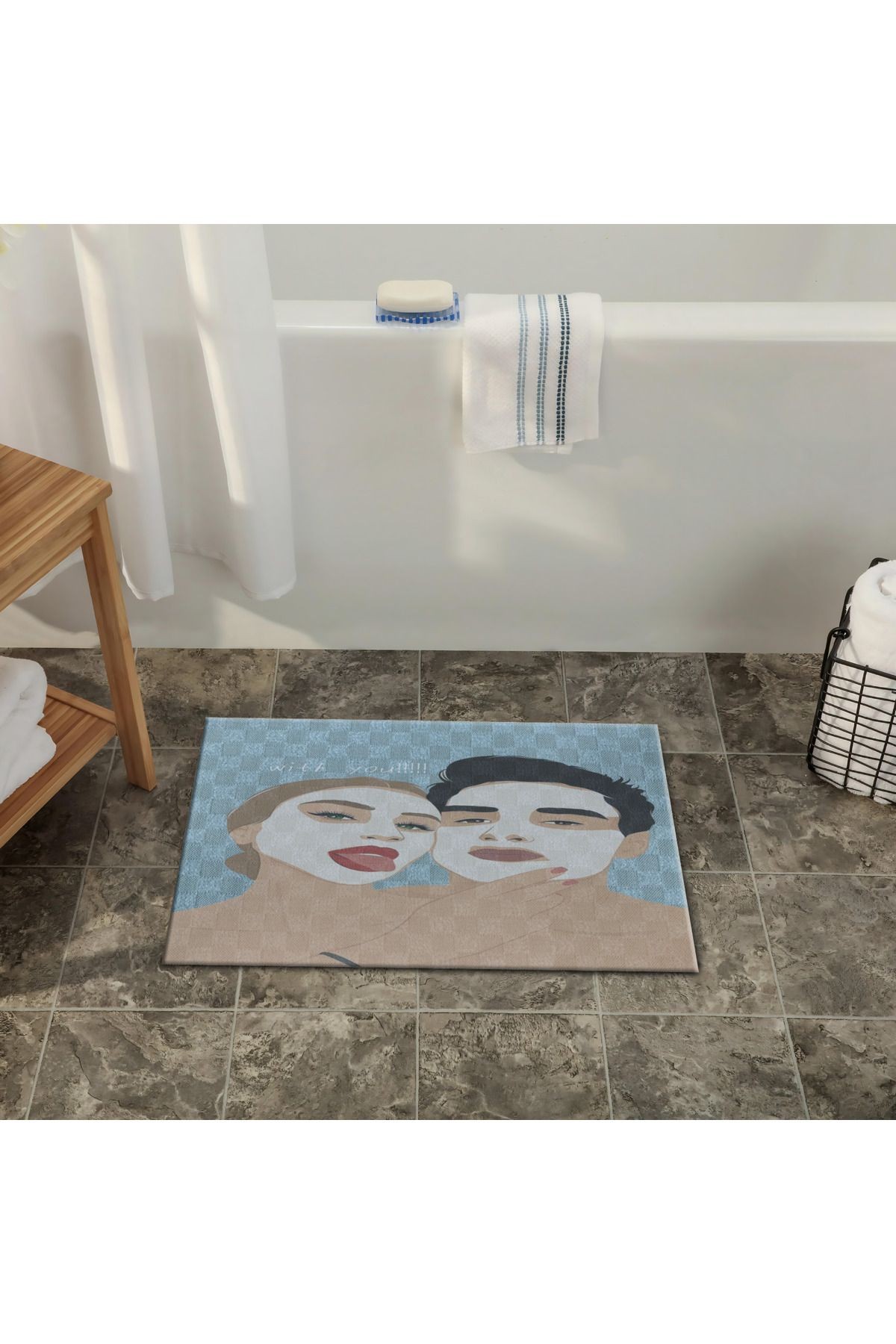 Mavi Bej Temalı Erkek ve Kadın Portre Desenli Modern Dekoratif Banyo Paspası 90×60