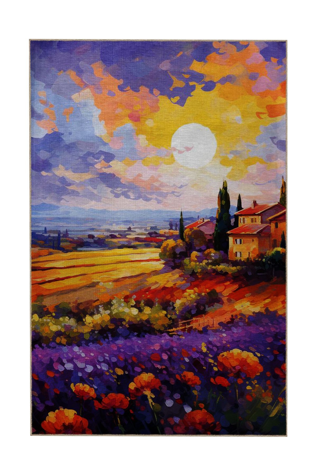 Pastel Renkler Gün Batımı ve Köy Desenli Modern Dekoratif Halı 5387