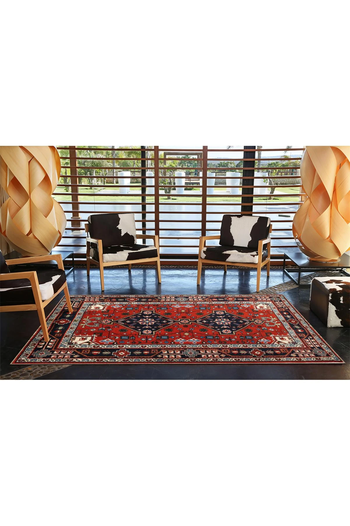 Baklava Kırmızı Tonlarda Geometrik Desenli Modern Dokuma Taban ve Dekoratif Halı miravip103