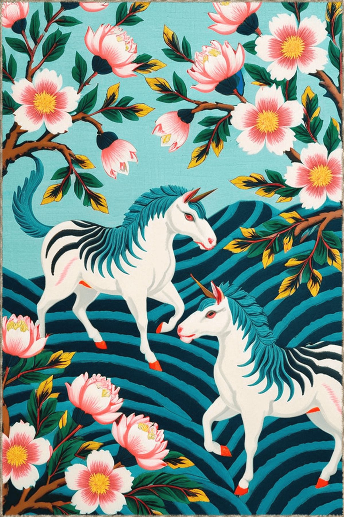 Paris Koleksiyonu Soyut Tasarım Boynuzlu At ve Çiçekler Desenli Modern Dekoratif Halı 78