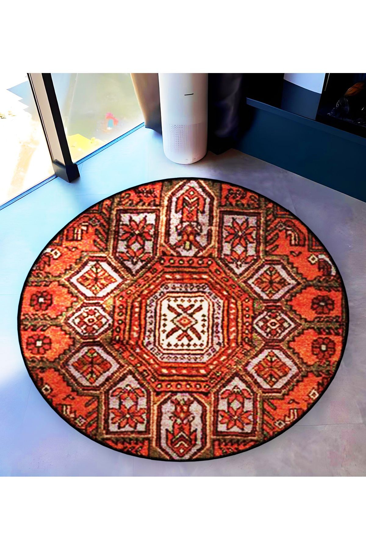 Turuncu Tema Geleneksel Motif Desenli Yuvarlak Dokuma Taban Vintage Dekoratif Halı 6227