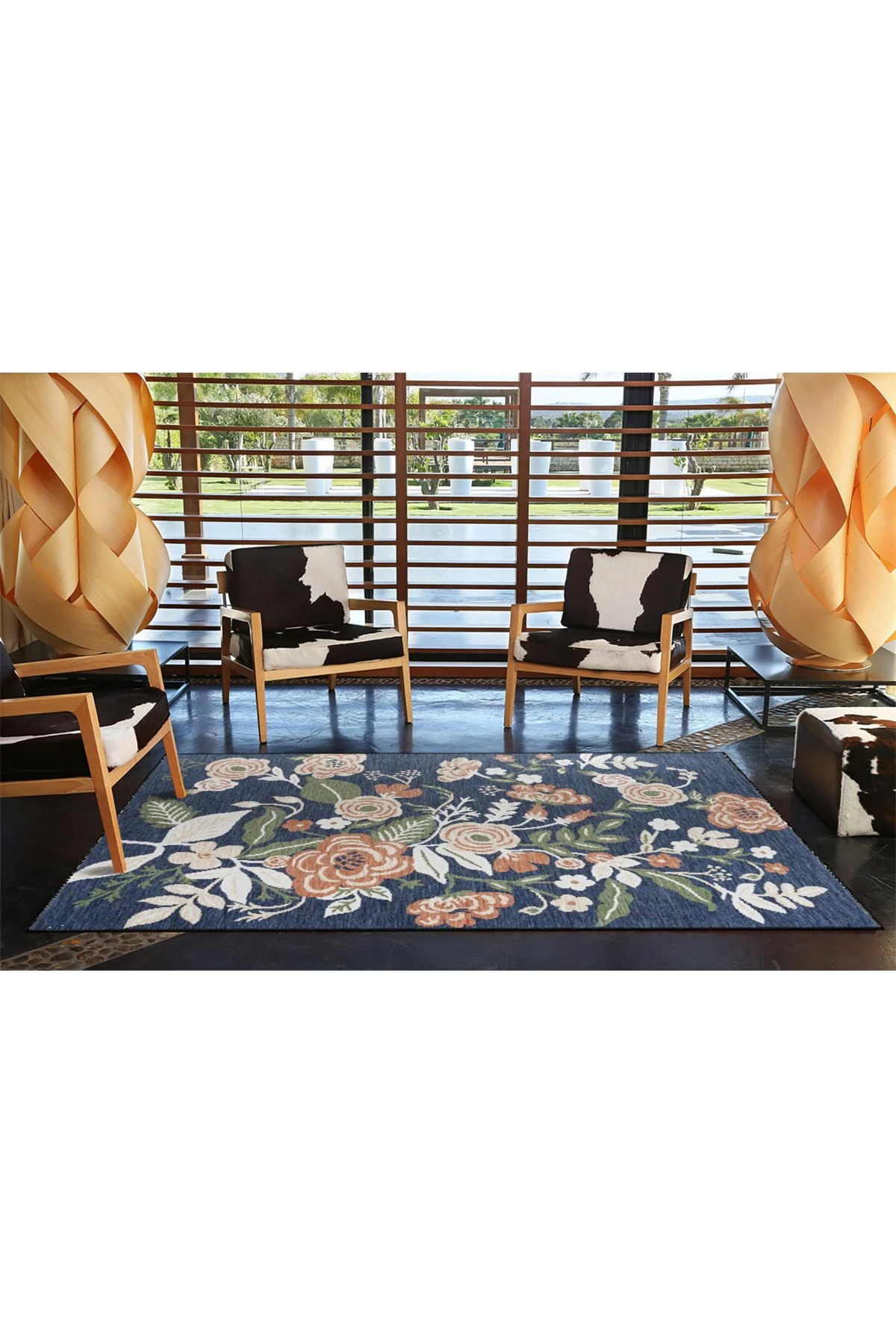 Siyah Çiçekli Karabağ Geleneksel Hasır ve Kahverengi Desenli Dekoratif Yıkanabilir Halı miravip8421