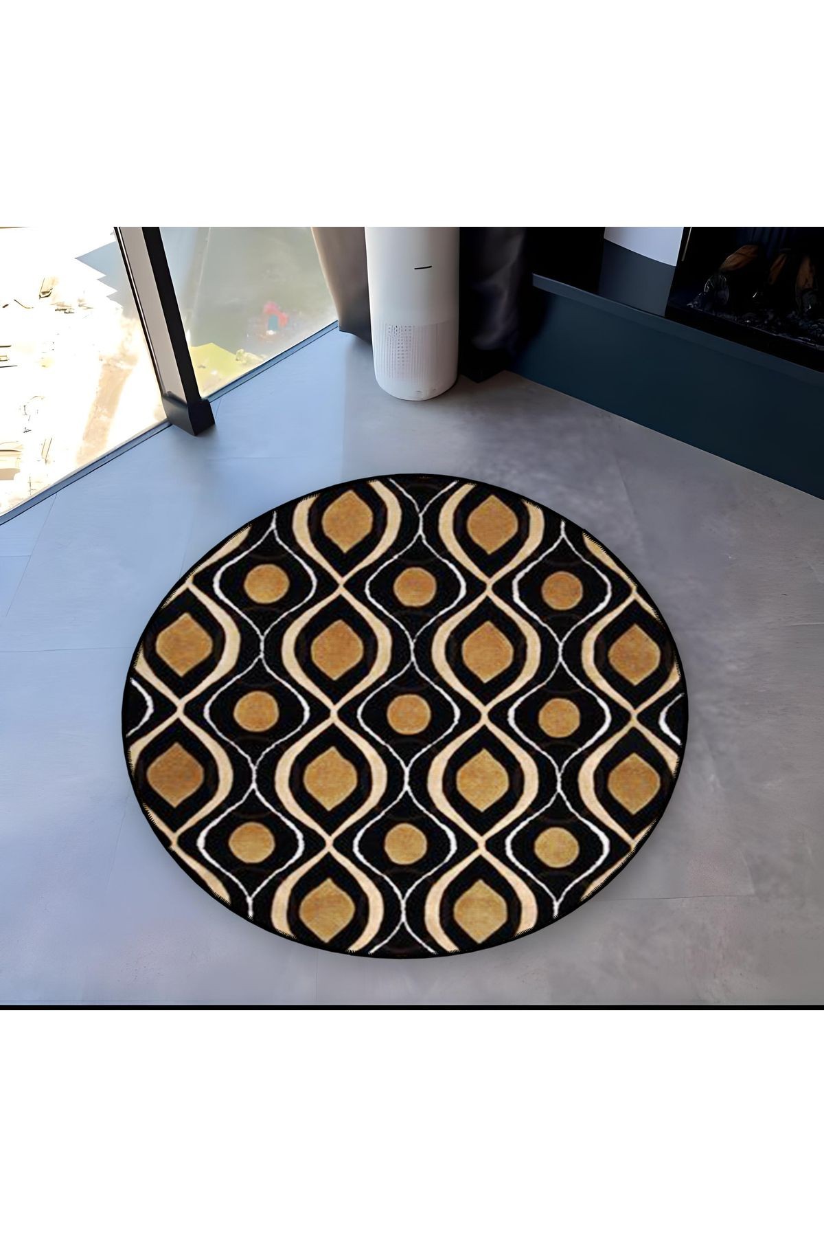 Siyah Bej Tema Etnik Motif Desenli Yuvarlak Dokuma Taban Vintage Dekoratif Halı 6085