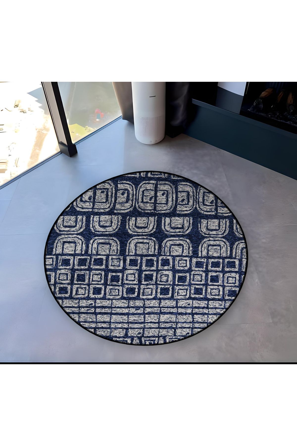 Lacivert Temalı Geometrik Desenli Yuvarlak Dokuma Taban Modern Dekoratif Halı 6130