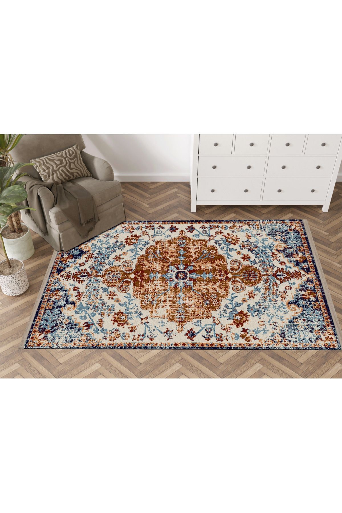 Mira Mavi Sarı Temalı Geleneksel Motif Desenli Vintage Dekoratif Halı Mira 1575
