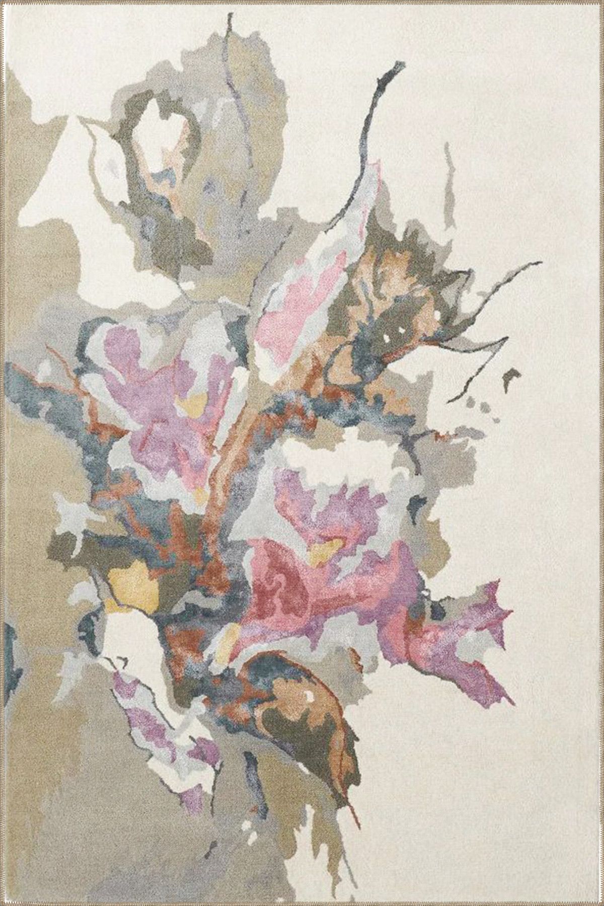 Gri Bej Temalı Soyut Abstract Desenli Modern Dekoratif Halı 3955