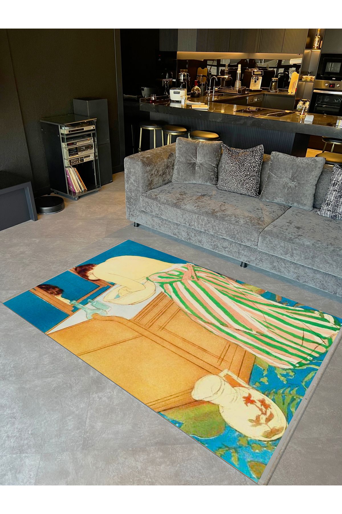 Yılmaz Koleksiyonu Pastel Renkler Sanatsal Kadın Figürü ve Banyo Desenli Modern Dekoratif Halı 03