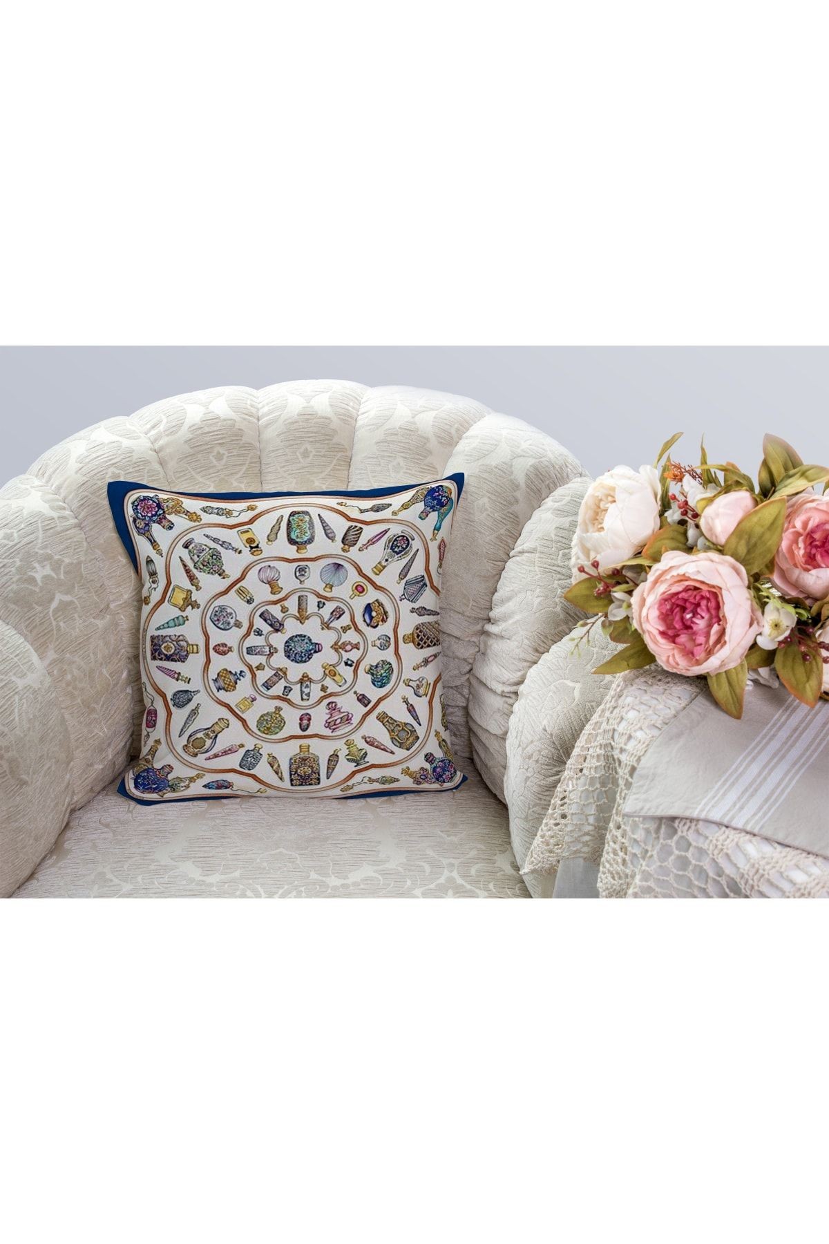 Kırlent Lacivert Krem Renkli Vazolar Temalı Kırlent Kılıfı Pillow52