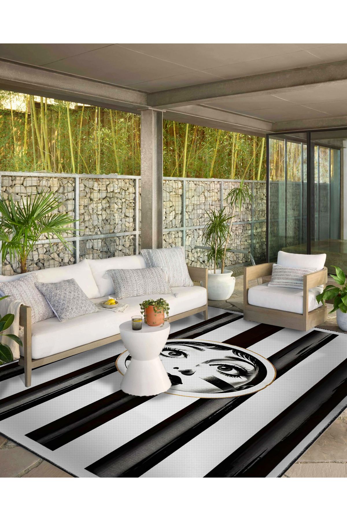 Siyah Beyaz Çizgi Temalı Kadın Yüz Desenli Dokuma Taban Halı ve Yıkanabilir Halı miraface04