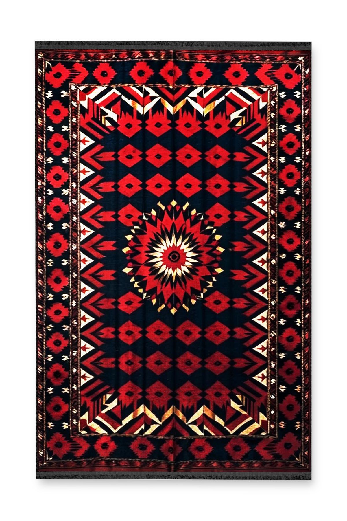 Siyah Kırmızı Etnik Motif Detaylı Antik Tasarım Serisi Modern Dekoratif Halı antik178