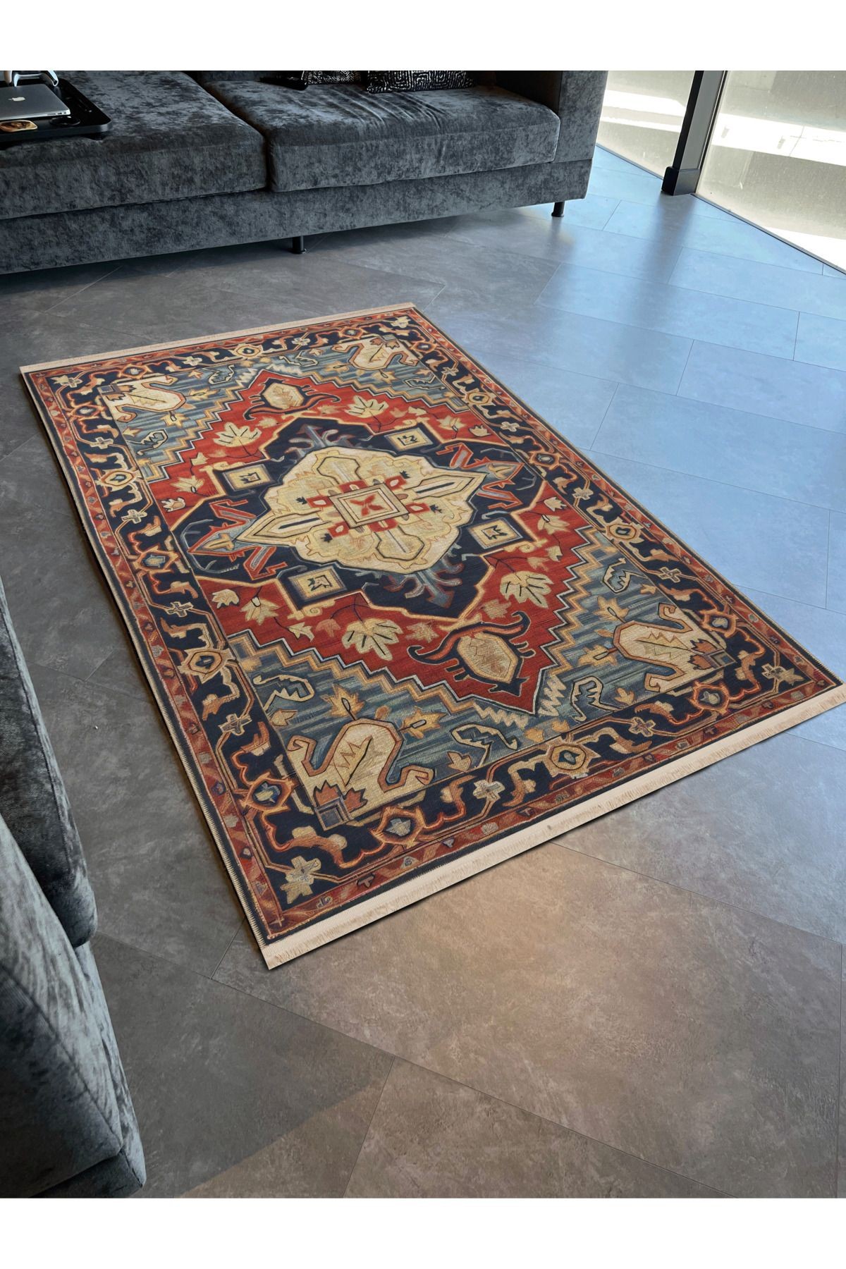 Mavi Kırmızı Temalı Geleneksel Motif Etnik Desenli Kreatif Vintage Dekoratif Halı 2441