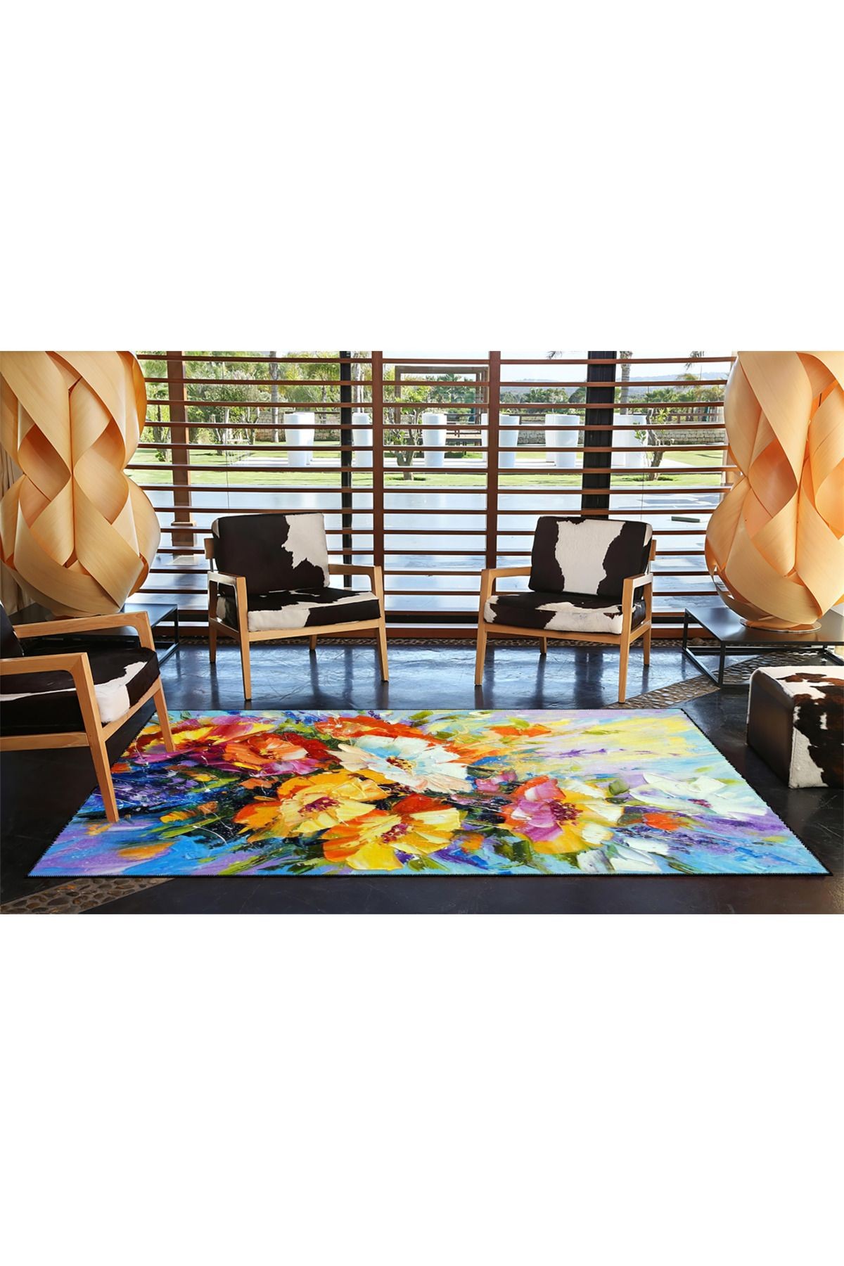 Floral Çiçek Kırmızı Renkli Manzaralı Dekoratif ve Dokuma Taban Yıkanabilir Halı miravip8822