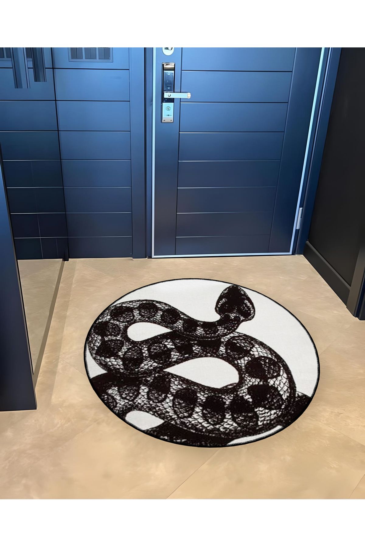 Mira Yuvarlak Beyaz Siyah Yılan Detaylı Dokuma Taban Modern Dekoratif Halı 5581